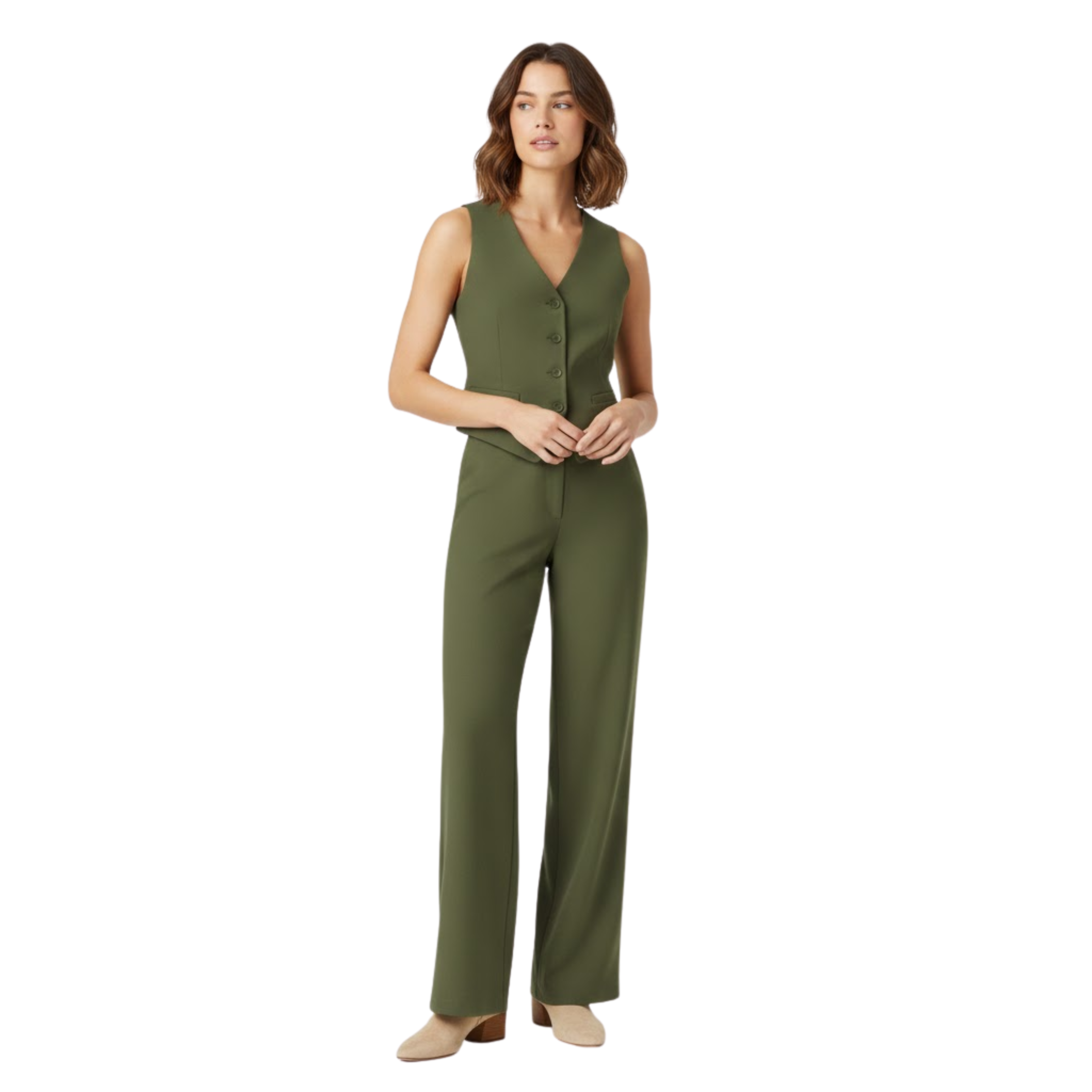 Women's Sleeveless V-Neck Waistcoat and High Waist Wide Leg Trouser Two Piece Set