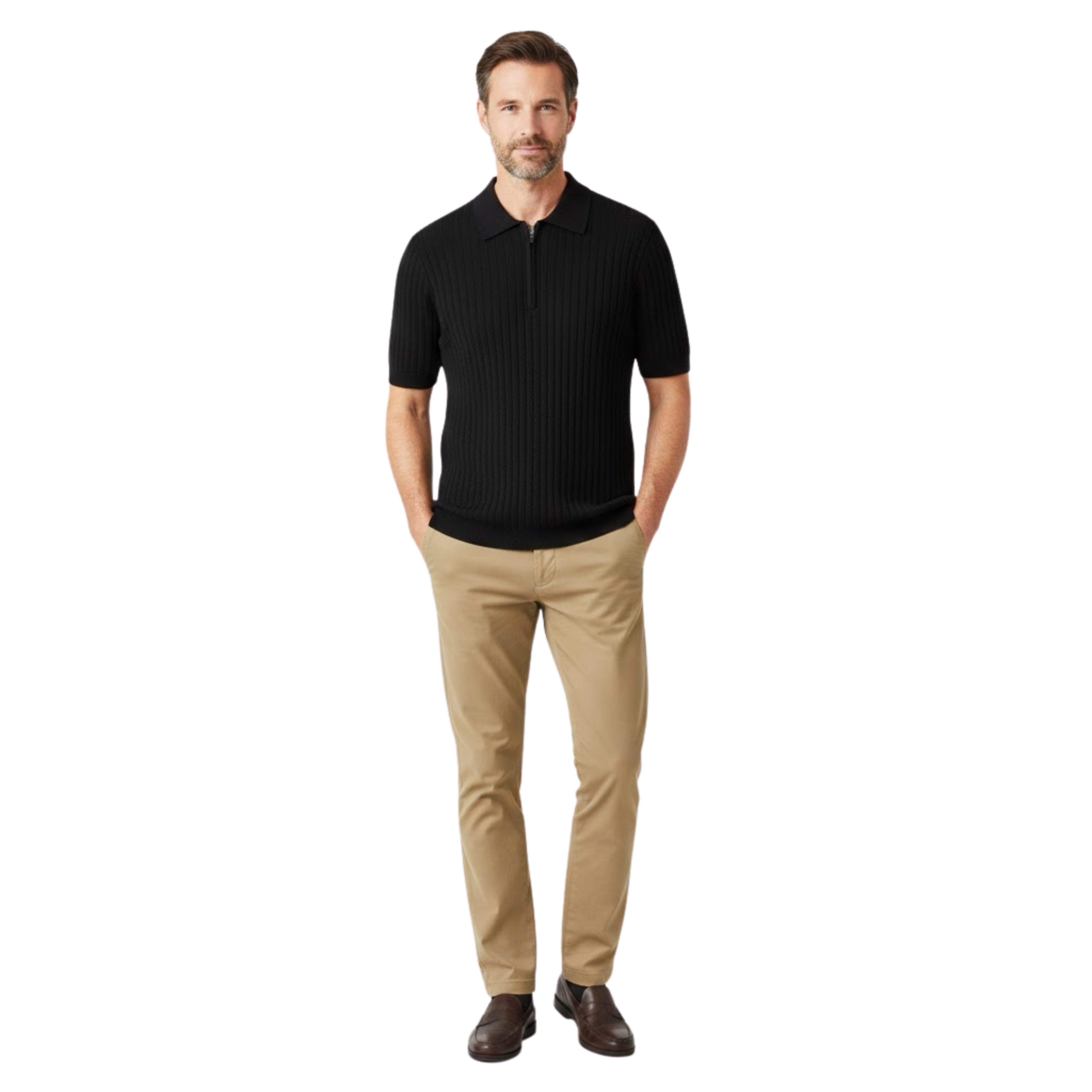 Men's Knitted Polo Shirt Half-Zip Short Sleeve Slim Fit Textured Casual T-Shirt