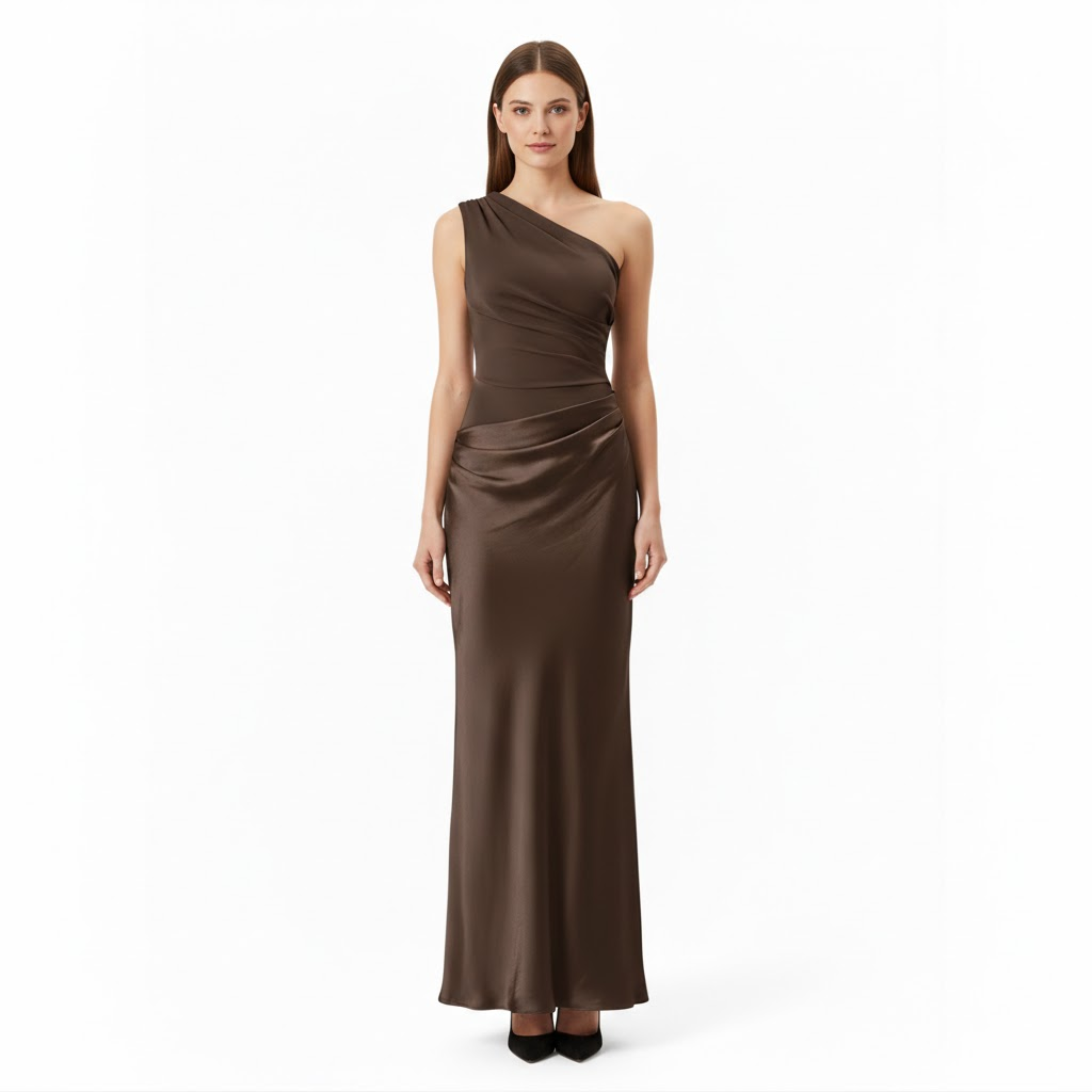 One-Shoulder Satin Maxi Dress Sleeveless Patchwork Slim Fit Evening Party Gown