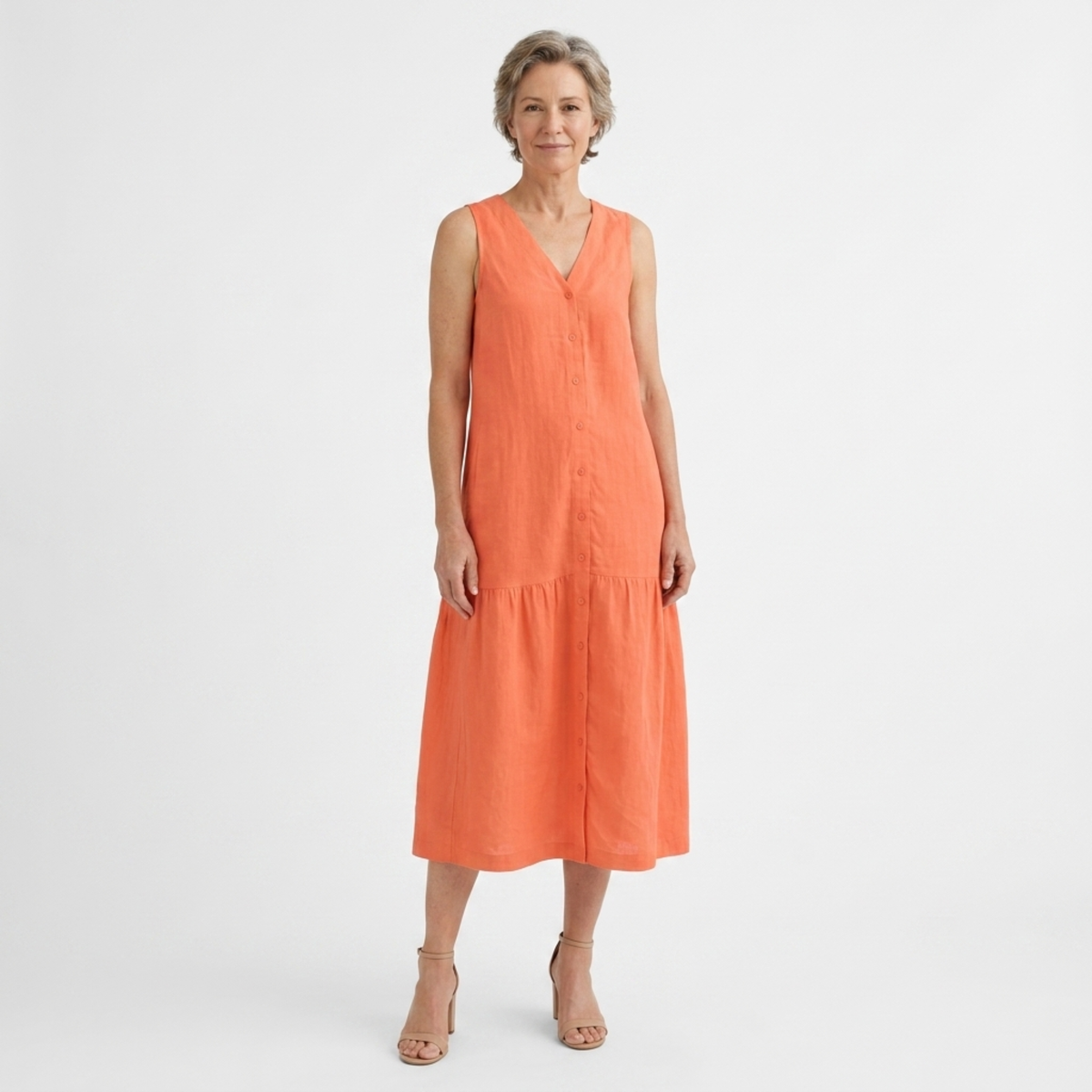 Women's V-Neck Linen Maxi Dress Button Up Sleeveless Tiered Hem Relaxed Fit Gown