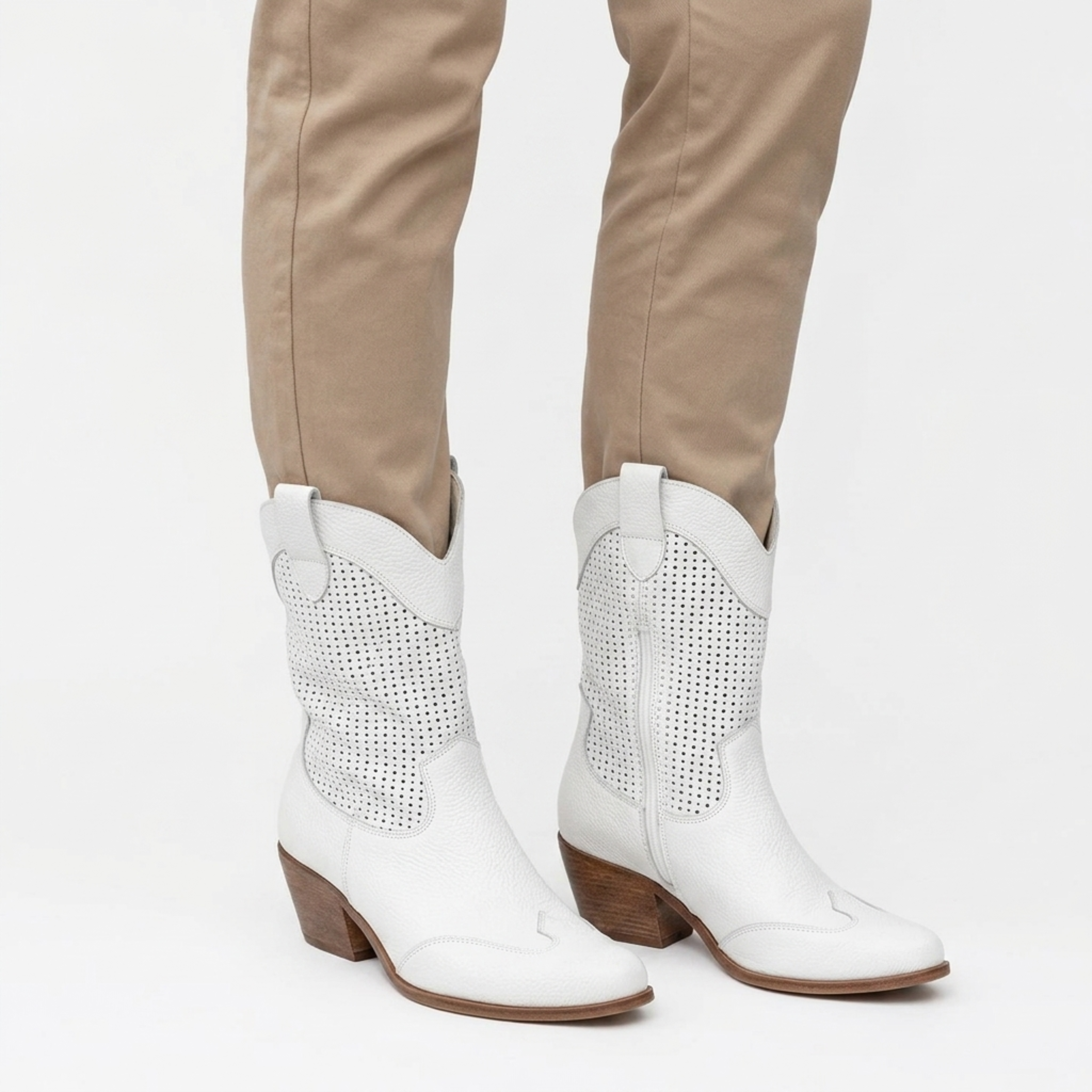 Women's cowboy boots — leather — perforated mid-calf — casual daily