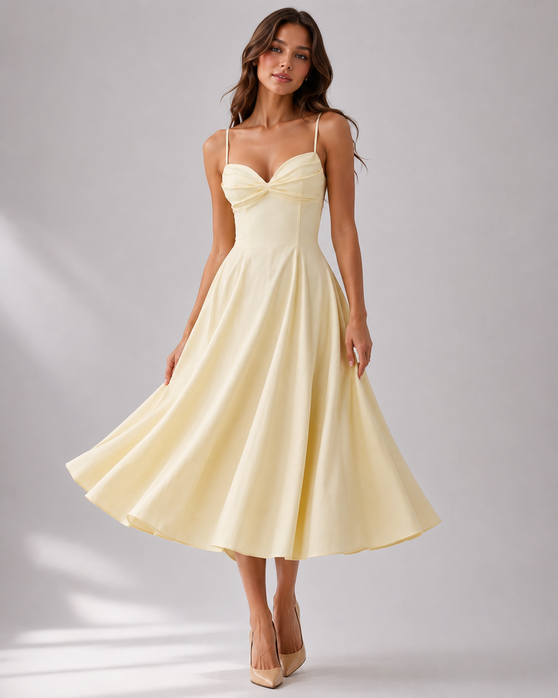 Women's cotton midi dress - adjustable straps and pockets for spring