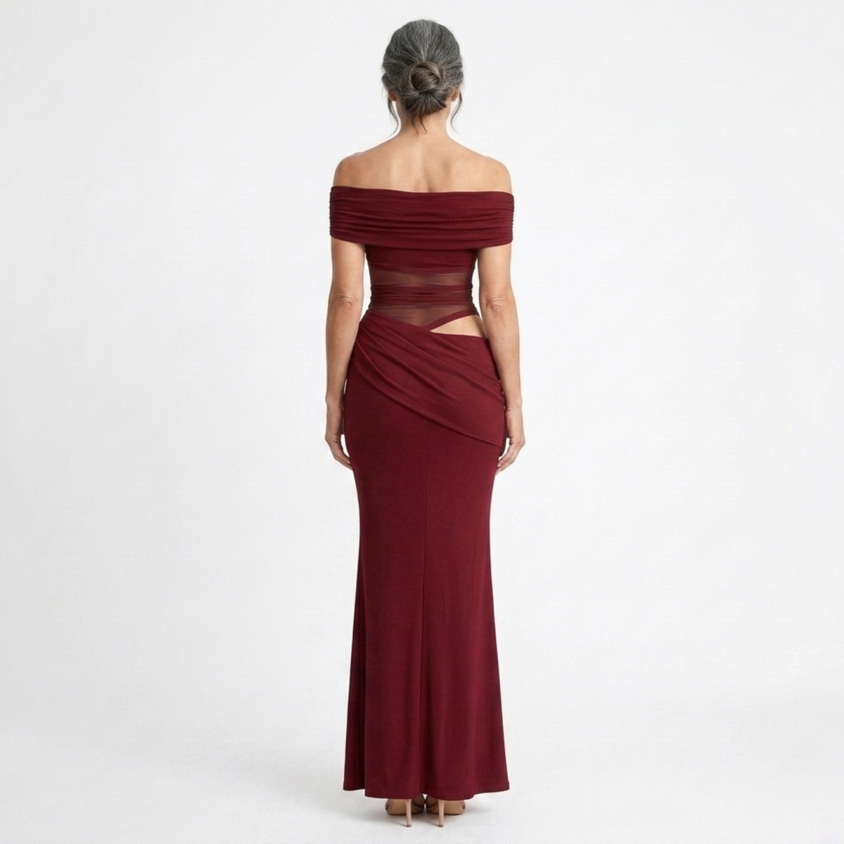Women's Off Shoulder Ruched Mesh Maxi Dress Sleeveless Bodycon Wedding Guest Dress