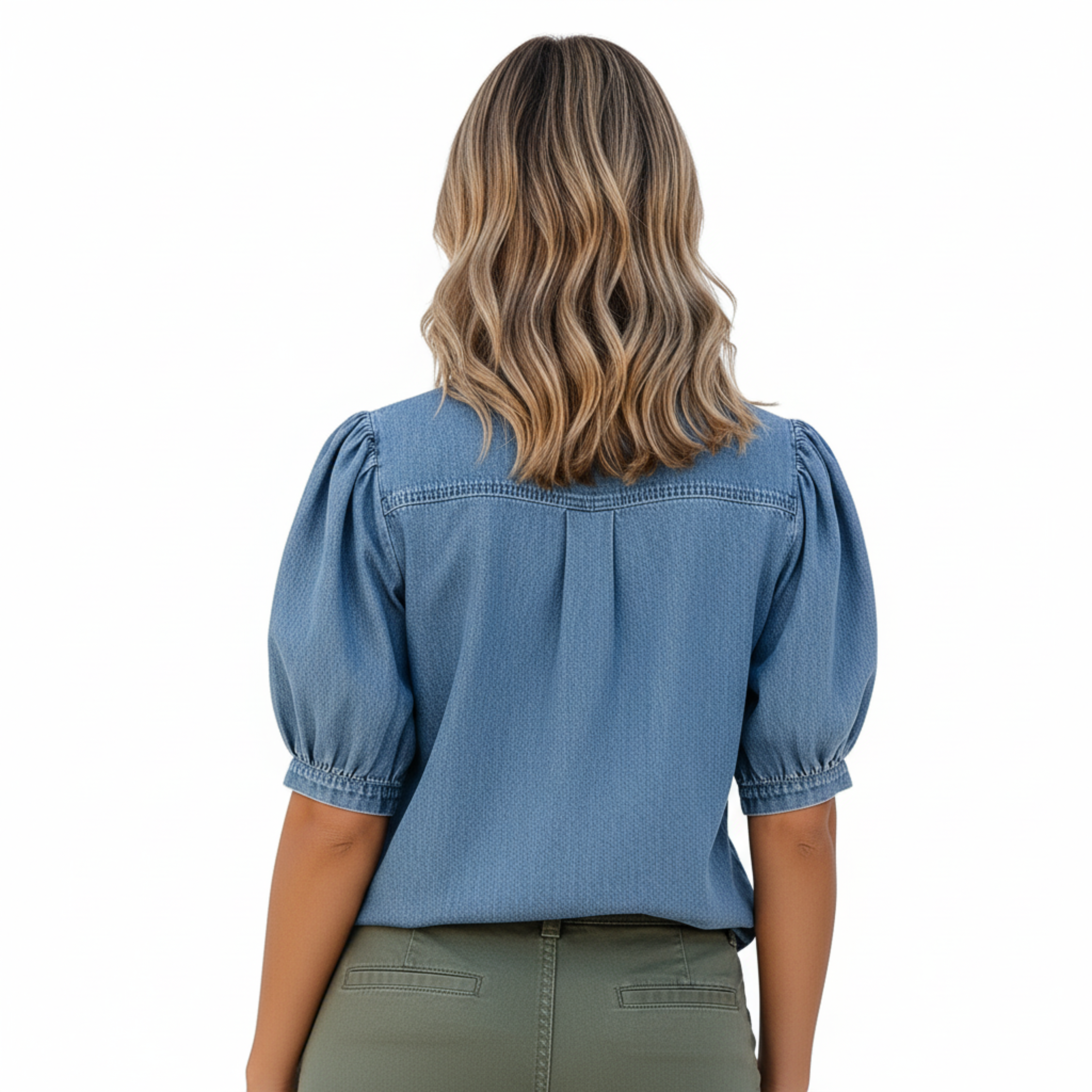 Short Sleeve Denim Shirt Women's Puff Sleeve Button Up Blouse with Pocket