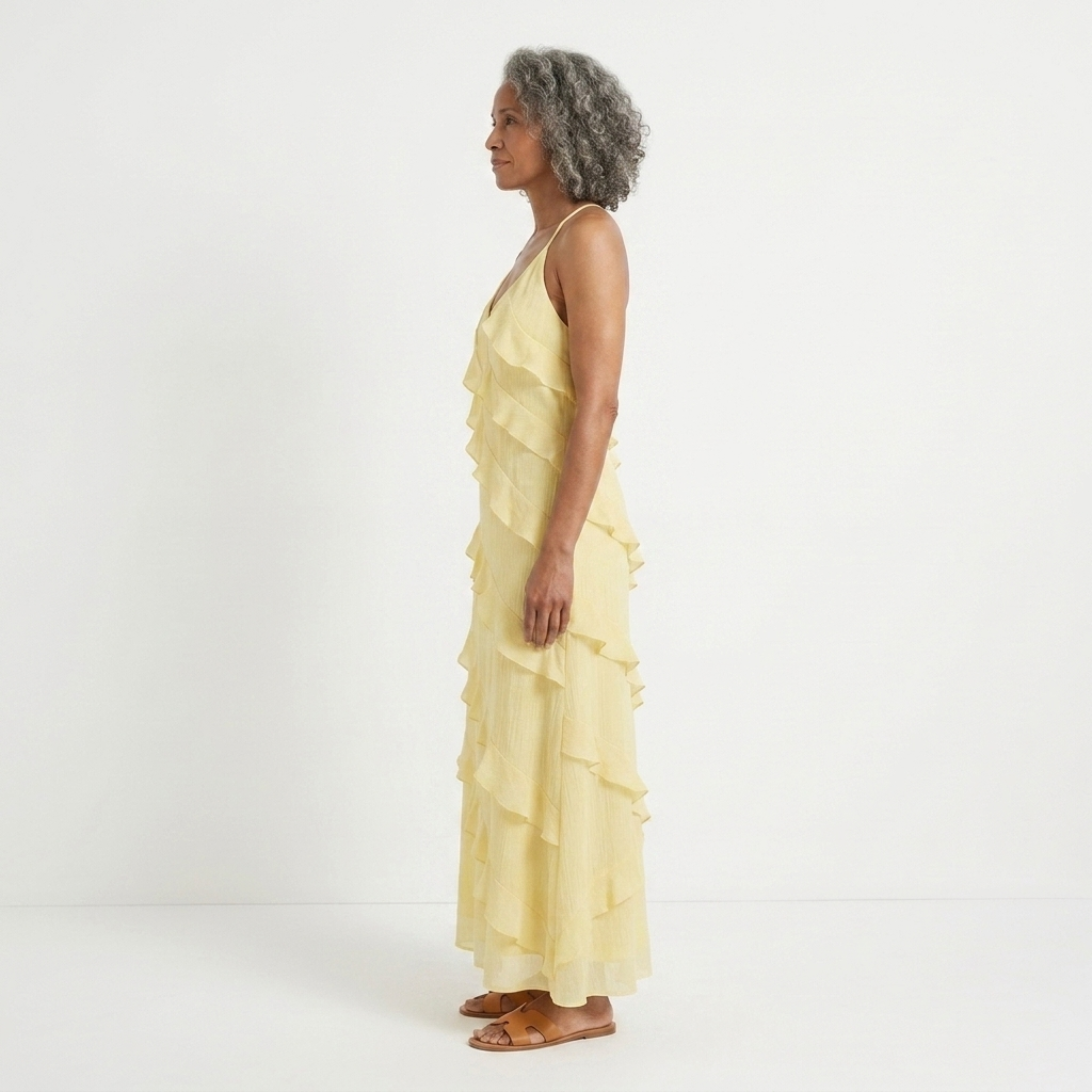 Women's ruffle maxi dress — halter neck tiered evening gown — wedding guest