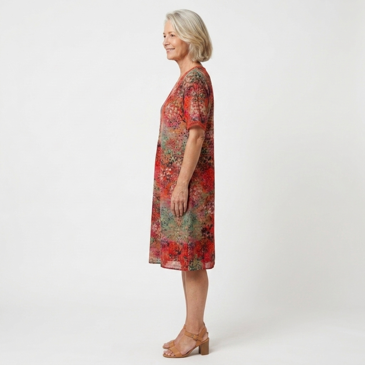 Women's printed midi dress — V-neck a-line with pockets — casual daily