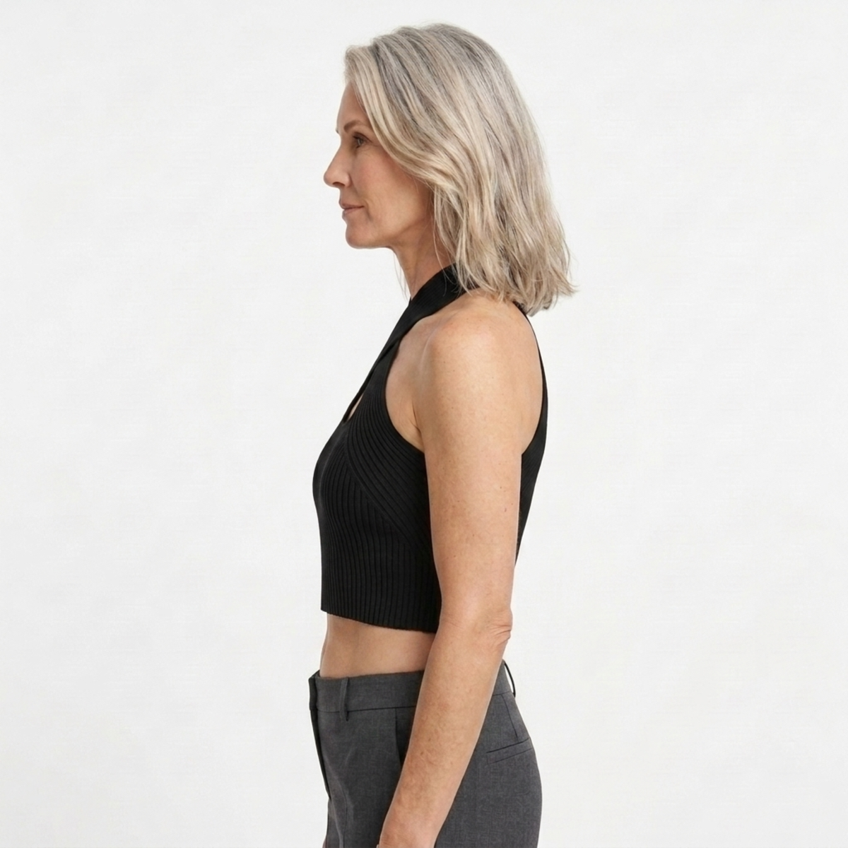 Ribbed crop top for women featuring cross-front halter and keyhole detail