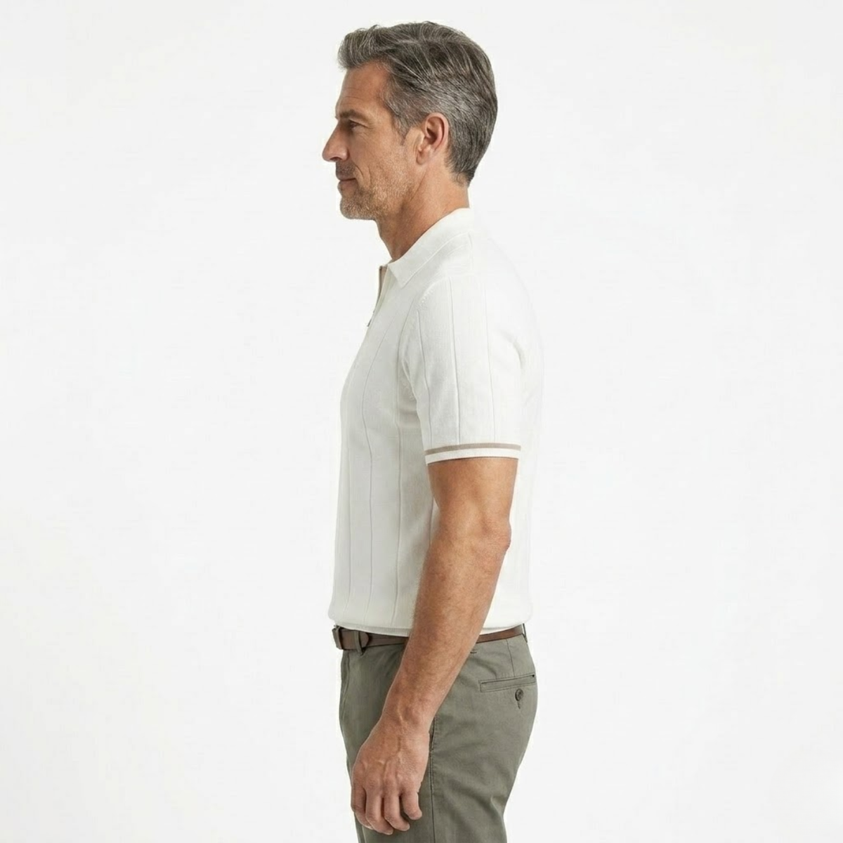 Men's short sleeve knit polo — half-zip vertical stripes — business casual