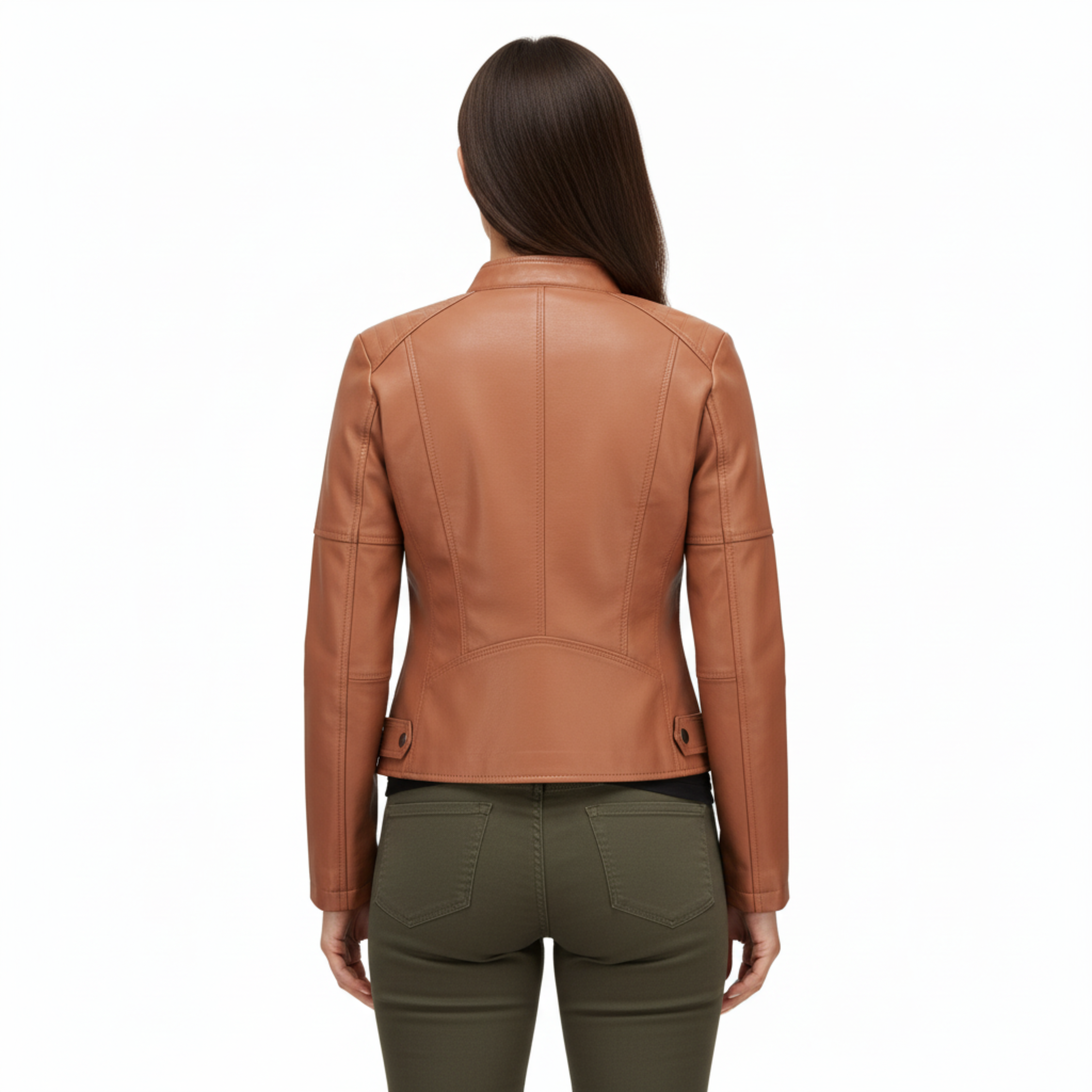 Faux Leather Biker Jacket for Women with Stand Collar and Zip Pockets
