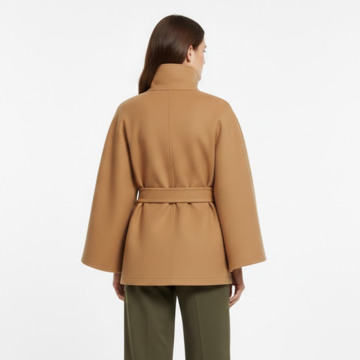 Women's Belted Cape Coat Funnel Neck Long Sleeve Polyester Button Cloak Outerwear