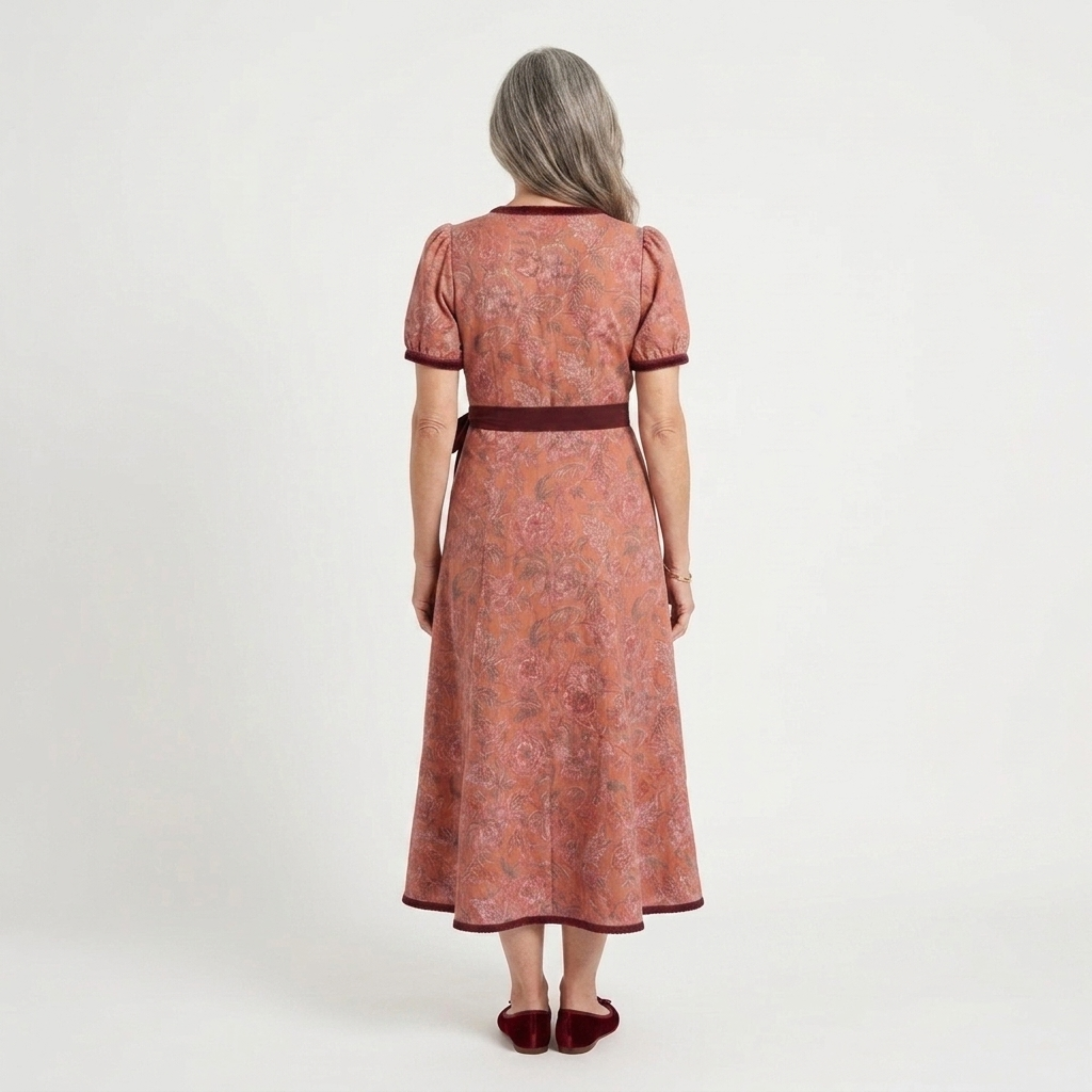 Women's Wrap Midi Dress Floral Print Puff Sleeve Ruffle Hem Occasion Party Dress
