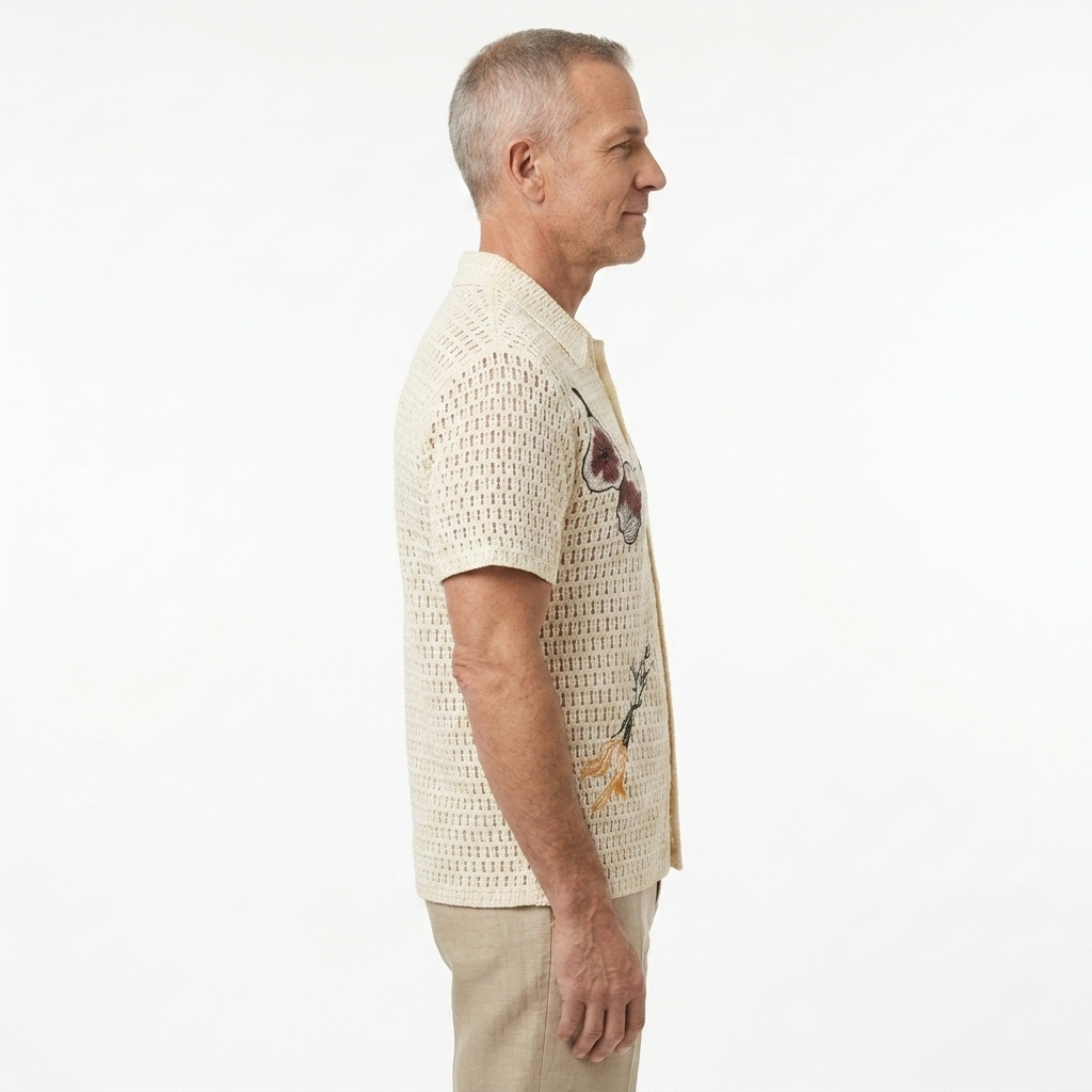 Crochet polo shirt for men — botanical embroidery — summer resort wear
