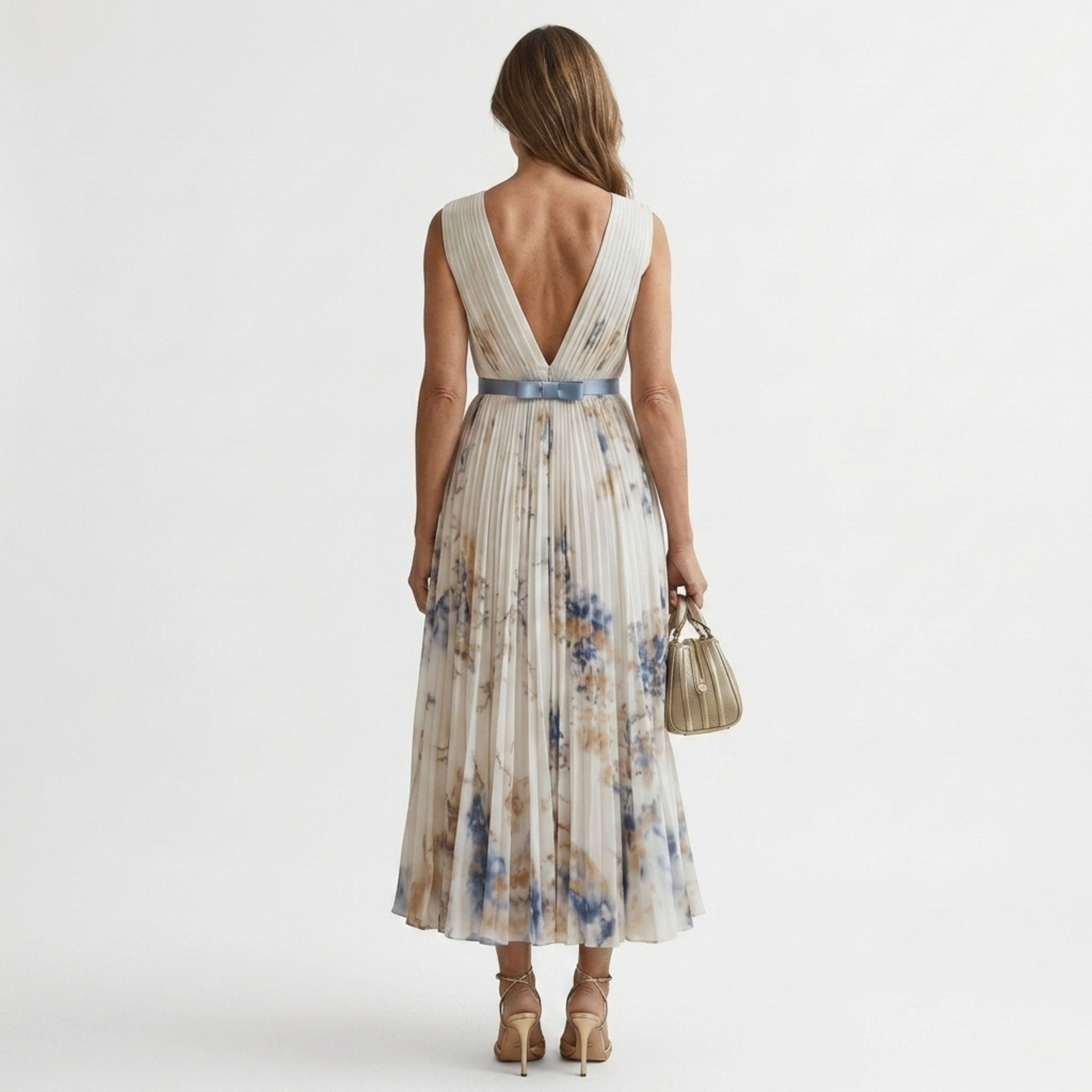 Women's v-neck midi dress — sleeveless pleated skirt with pockets — wedding guest