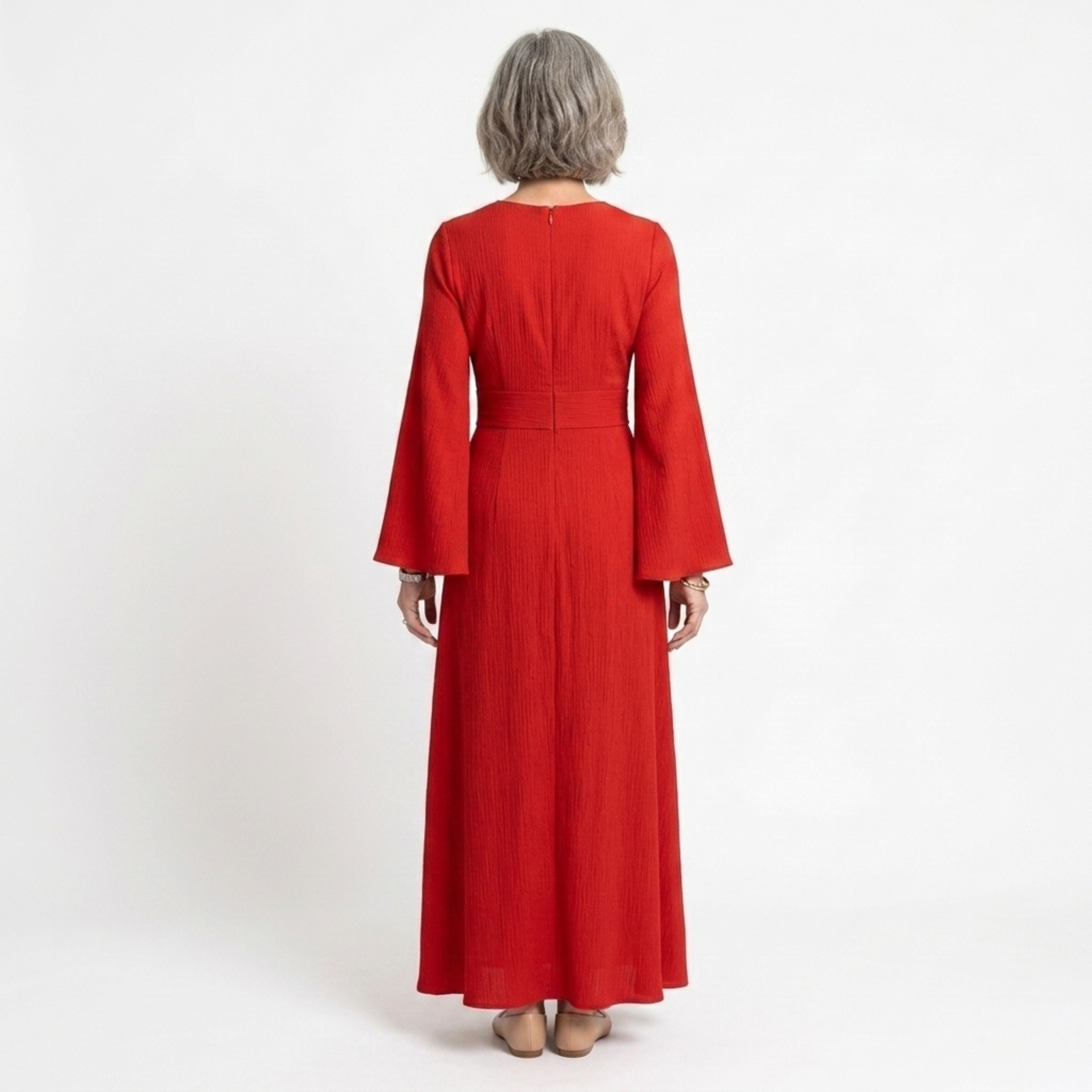 Women's Crew Neck Maxi Dress Bell Sleeve Ribbed Belted Waist Flowy Long Dress