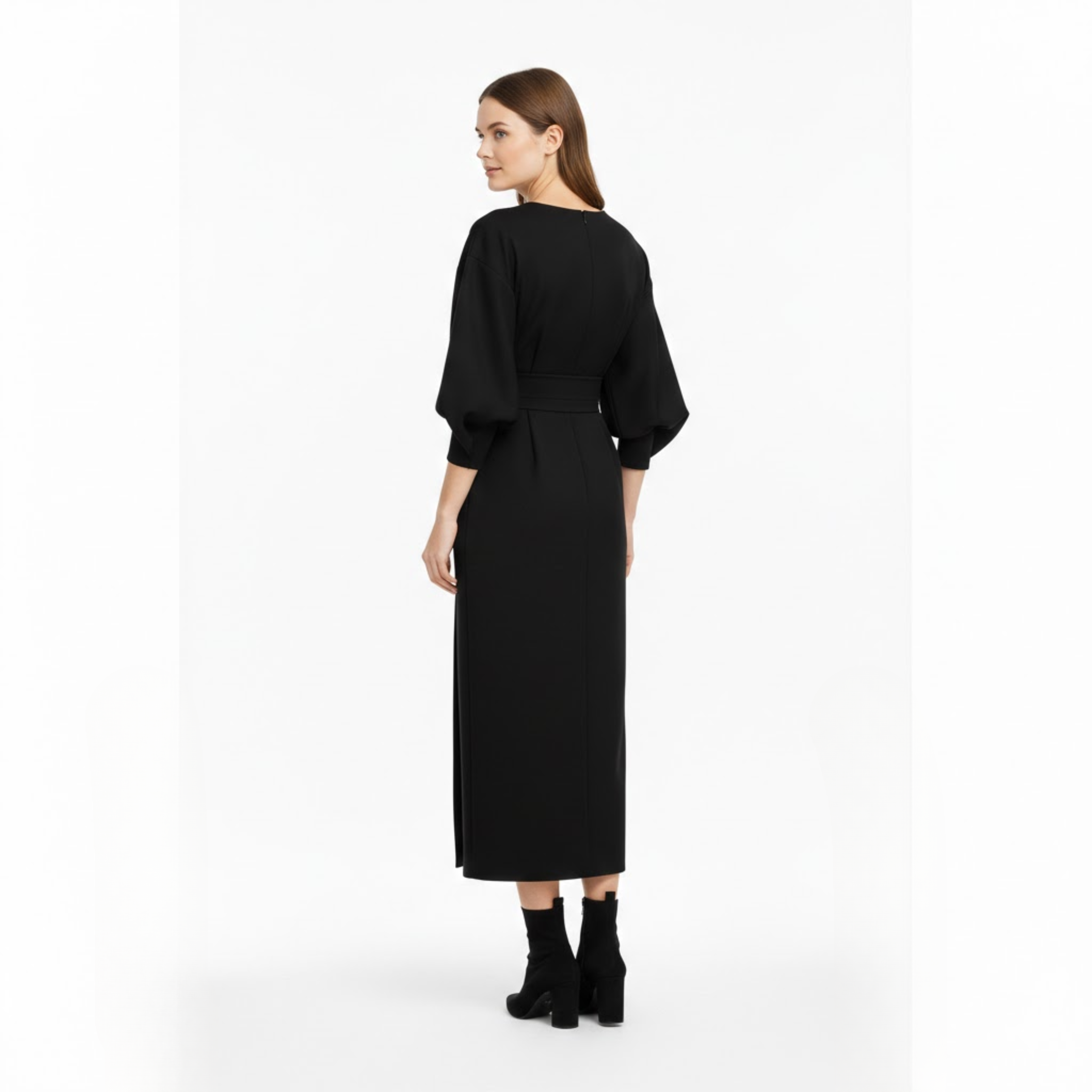 High-Waist A-Line Midi Dress with Batwing Kimono Sleeves and Wrap Front