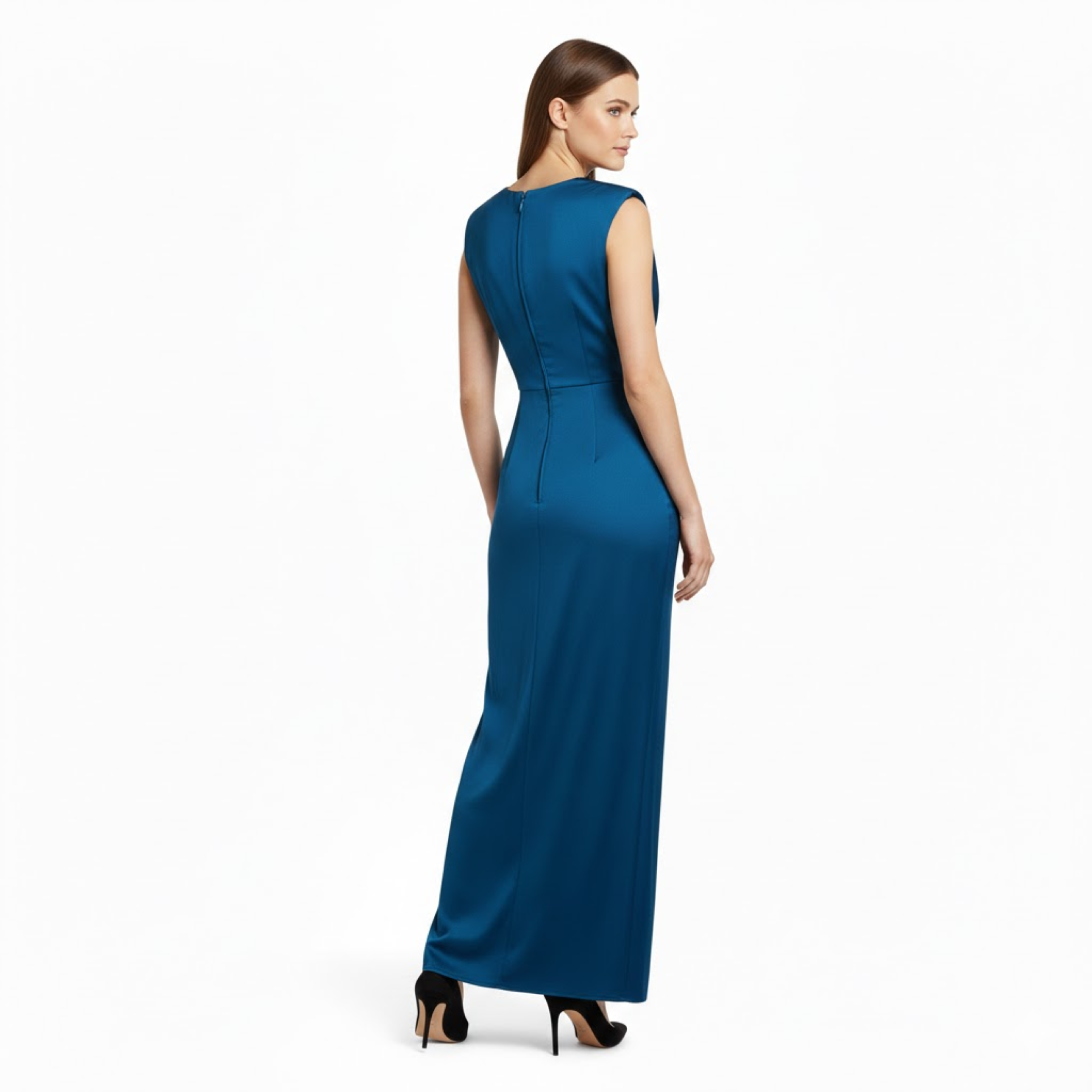 Formal V-Neck Pleated Sleeveless Maxi Dress with High Slit and Ruched Bodice