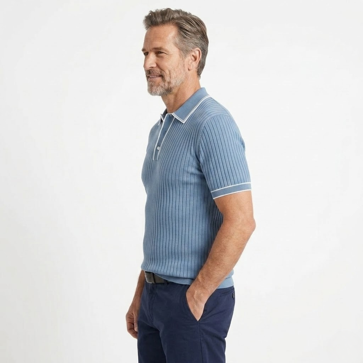 Men's ribbed knit polo — regular fit contrast trim — casual daily