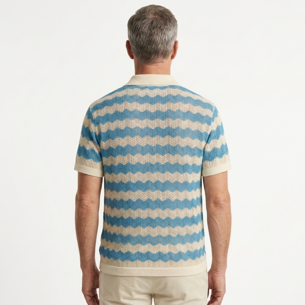 Men's knit polo shirt — vertical jacquard stripes — vintage resort wear