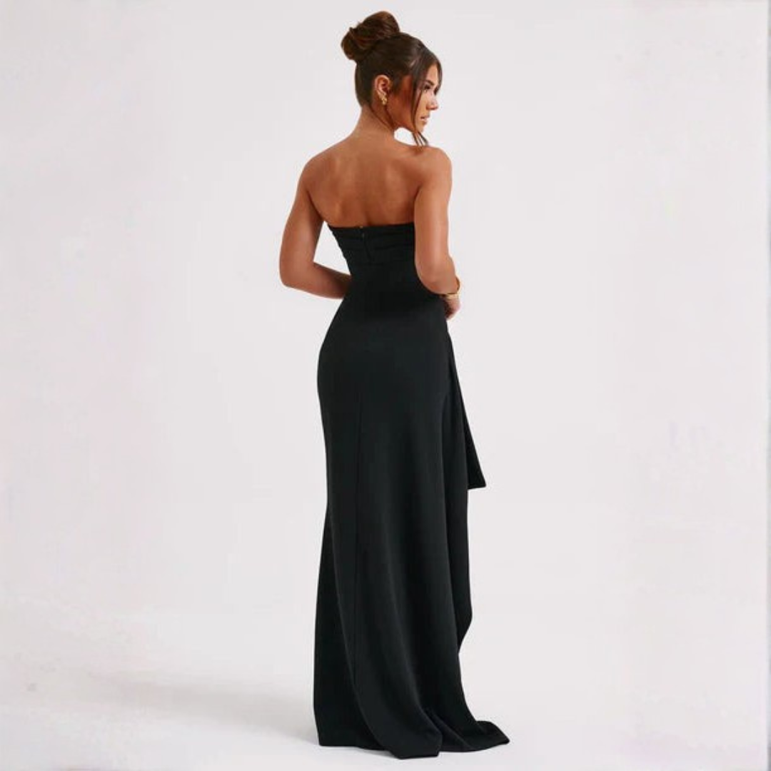 Women maxi dress - strapless ruched with thigh-high split | gala & formal