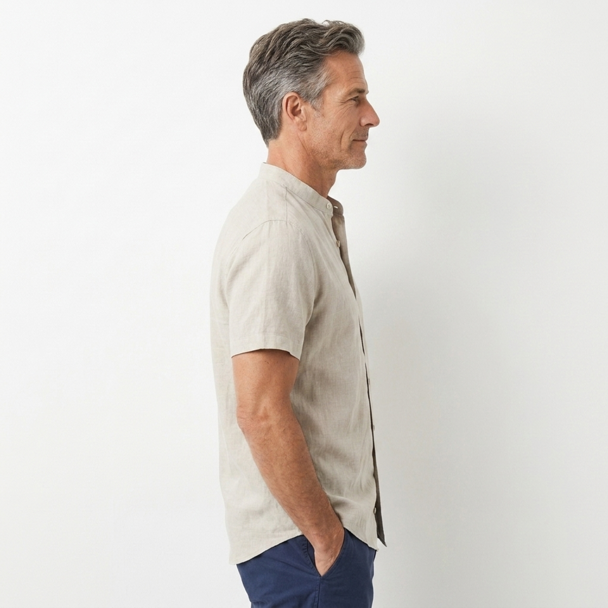 Men's linen shirt — band collar short sleeve — casual beach wear