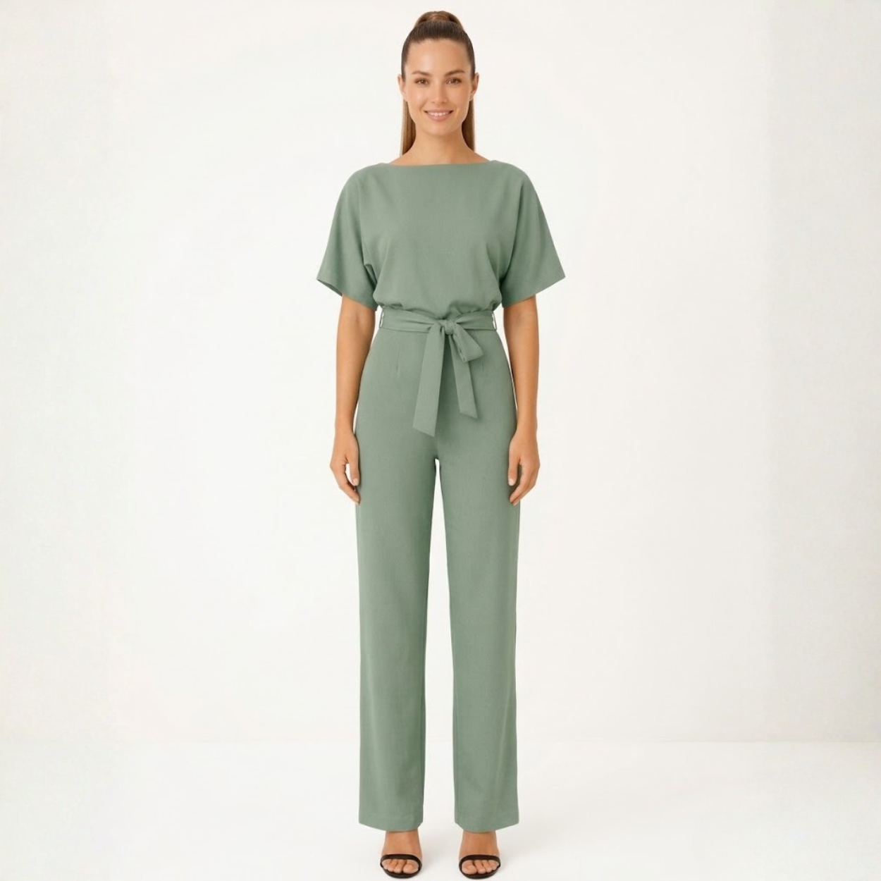 Wide Leg Jumpsuit for Women with Belted Waist and Short Kimono Sleeves