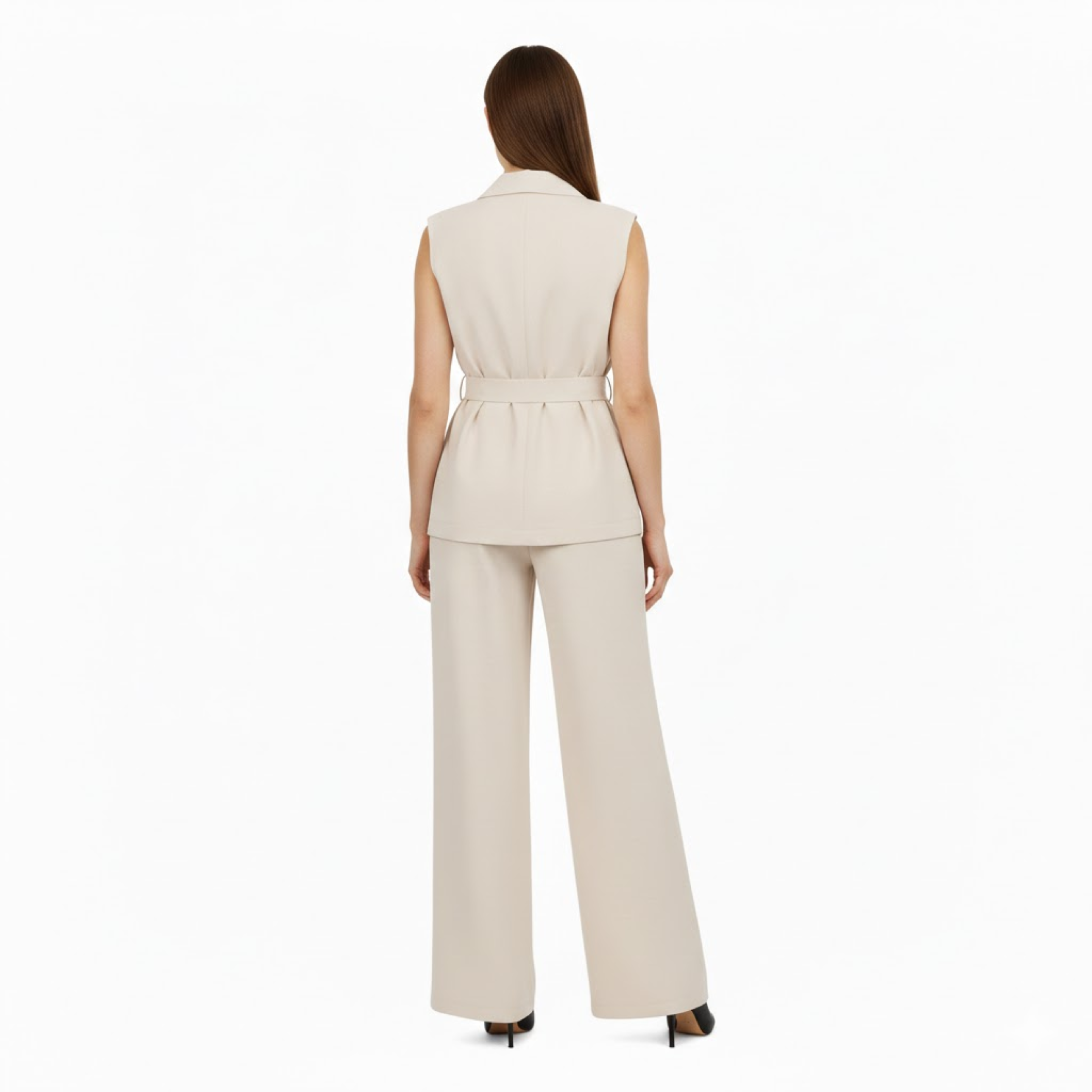 Sleeveless Vest and Wide Leg Pants Set with Turn Down Collar and Tie Waist Belt