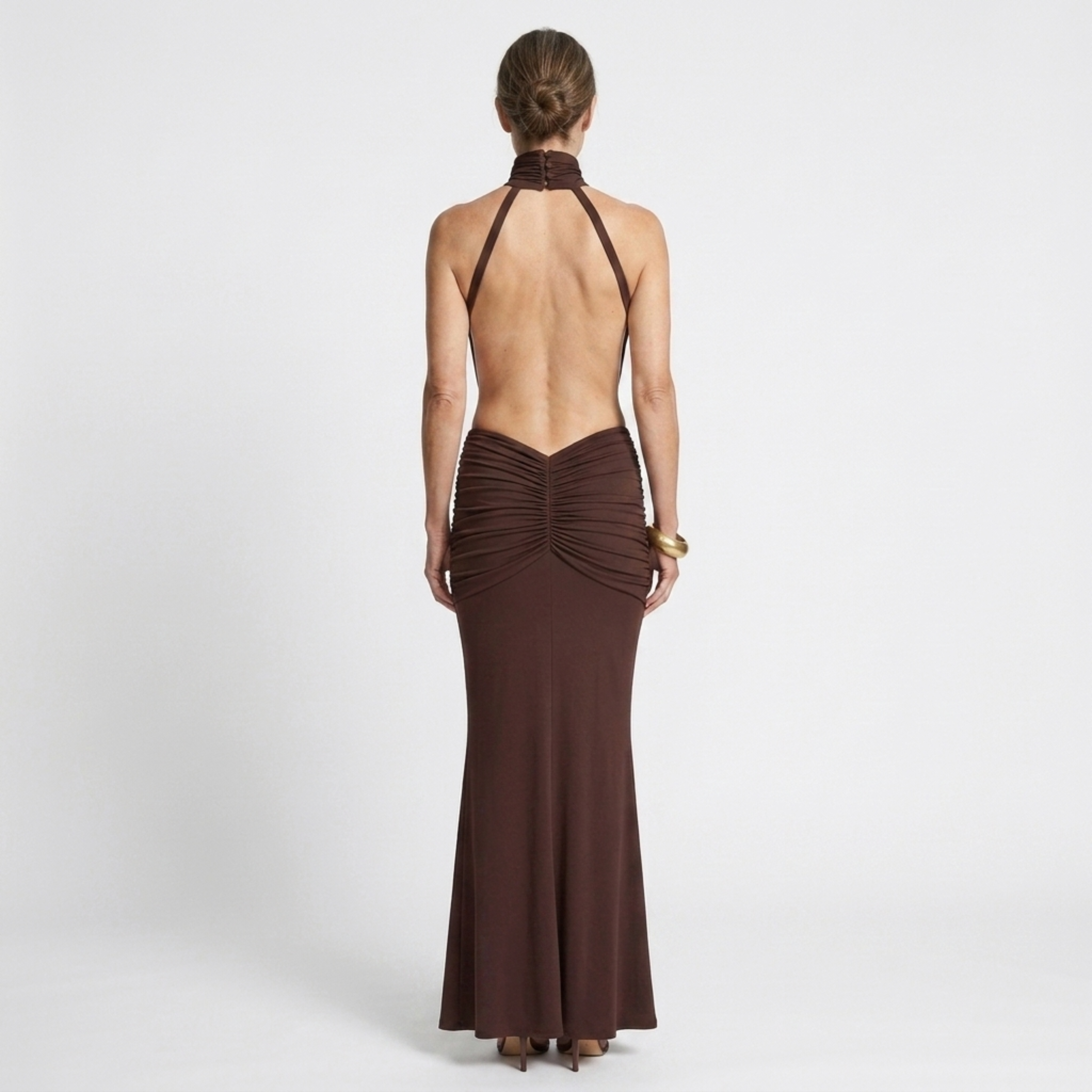 High Neck Backless Maxi Dress Ruched Waist Cut Out Sleeveless Wedding Guest Dress