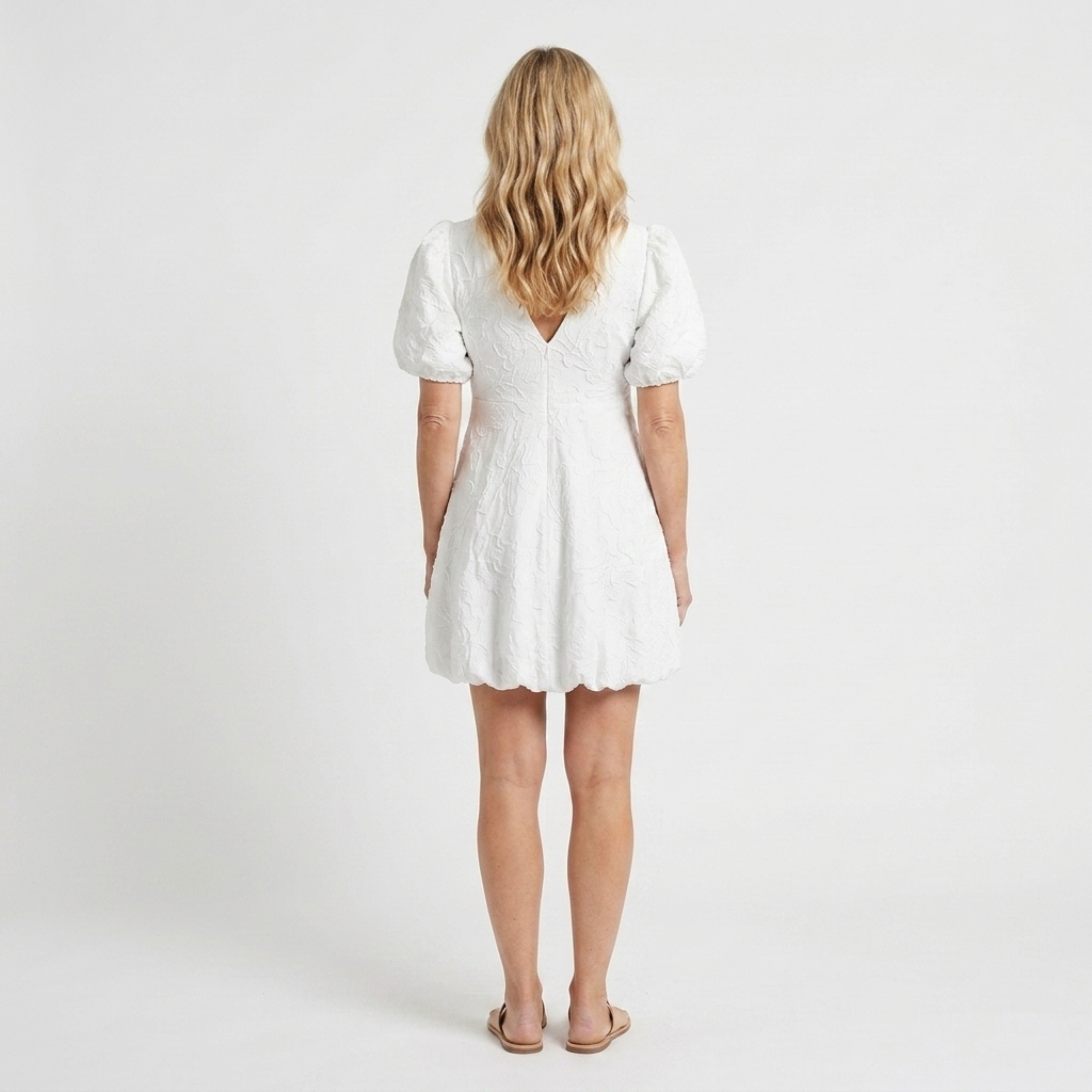 Women's Floral Embroidered Fit and Flare Dress Puff Sleeve V-Neck Scallop Hem Mini