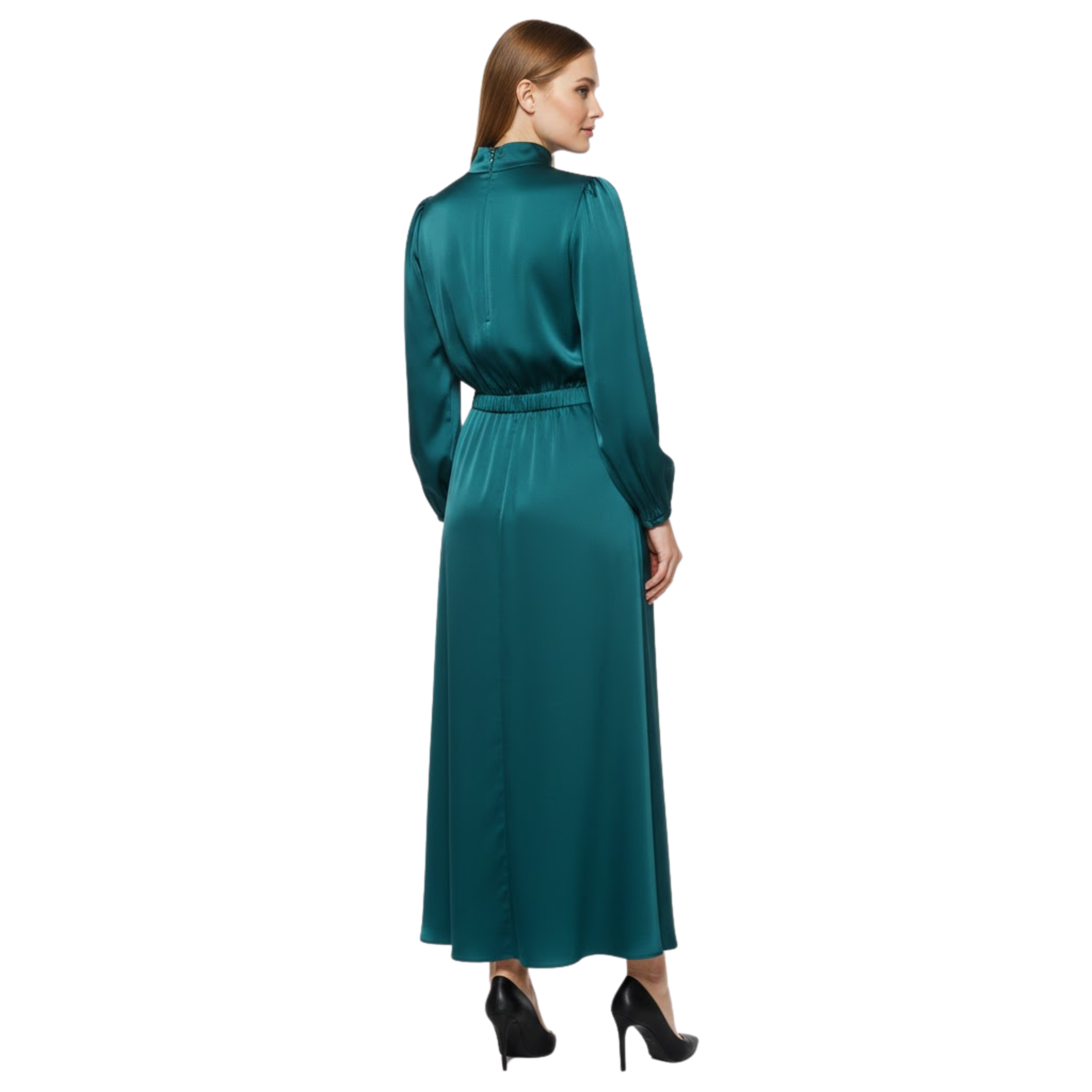 Satin High Neck Maxi Dress Long Sleeve Empire Waist Asymmetrical Evening Party Gown