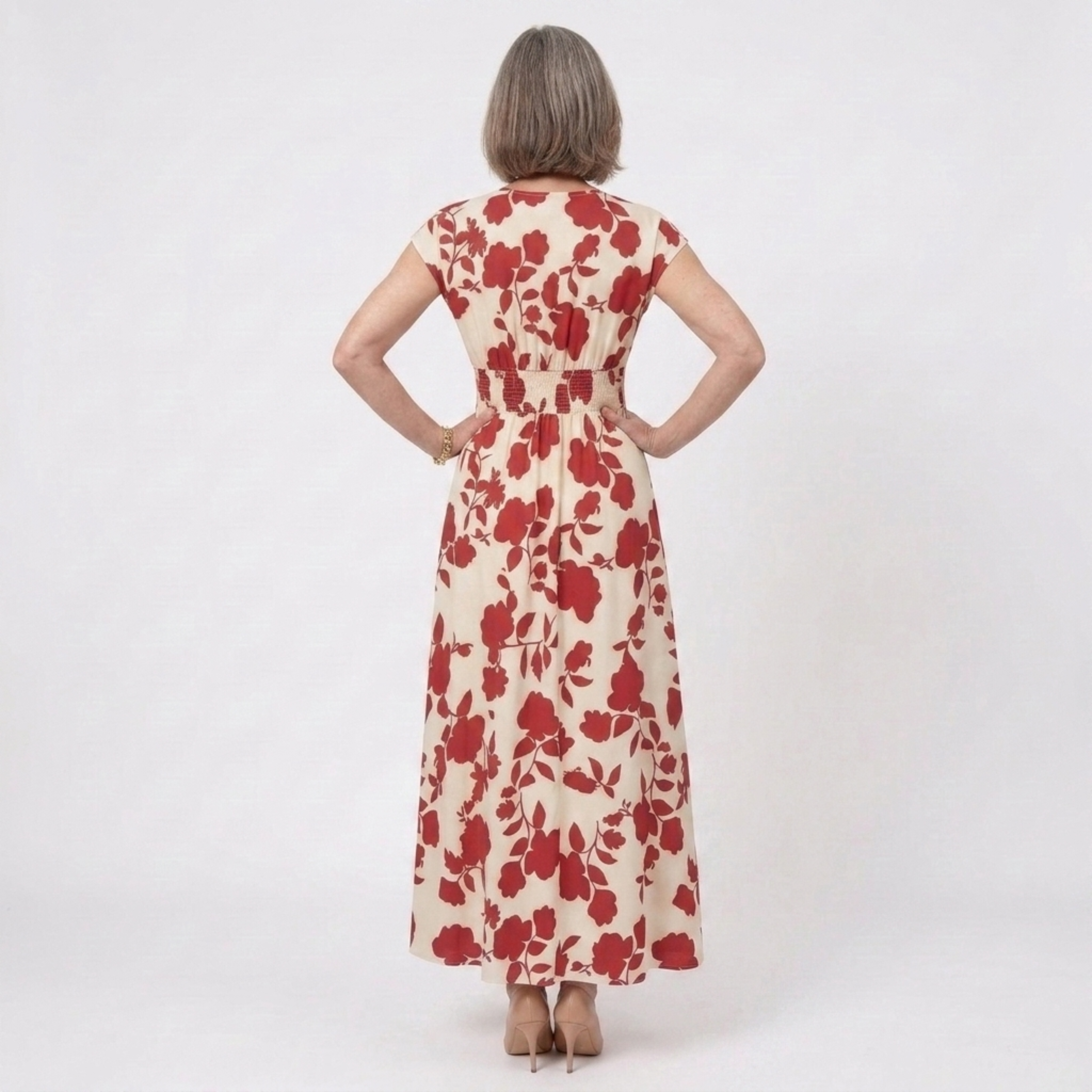 Women's Floral Maxi Dress V-Neck Cap Sleeve Smocked Waist A-Line Occasion Dress