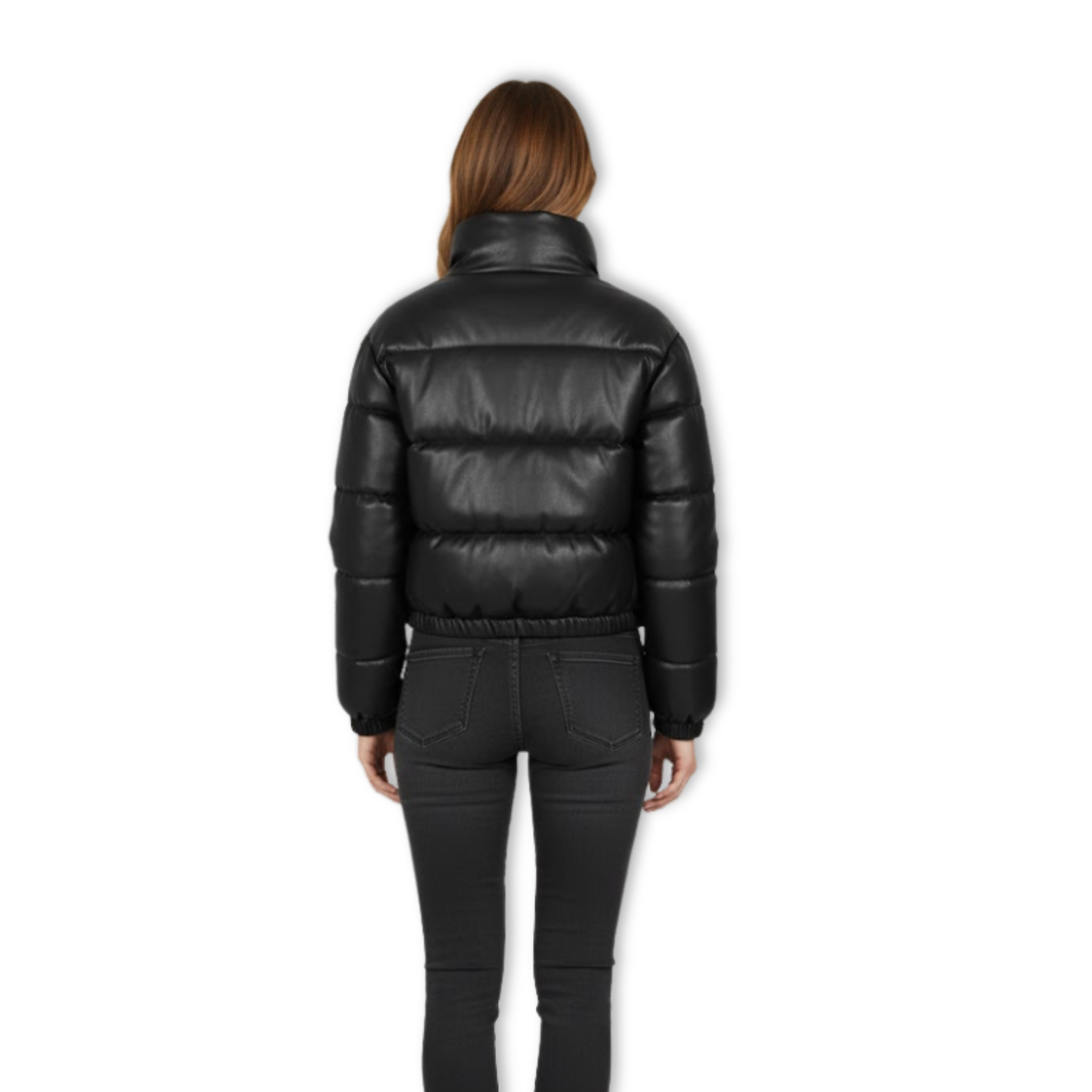 Women's Faux Leather Puffer Jacket Short Quilted Parka With Zipper Closure