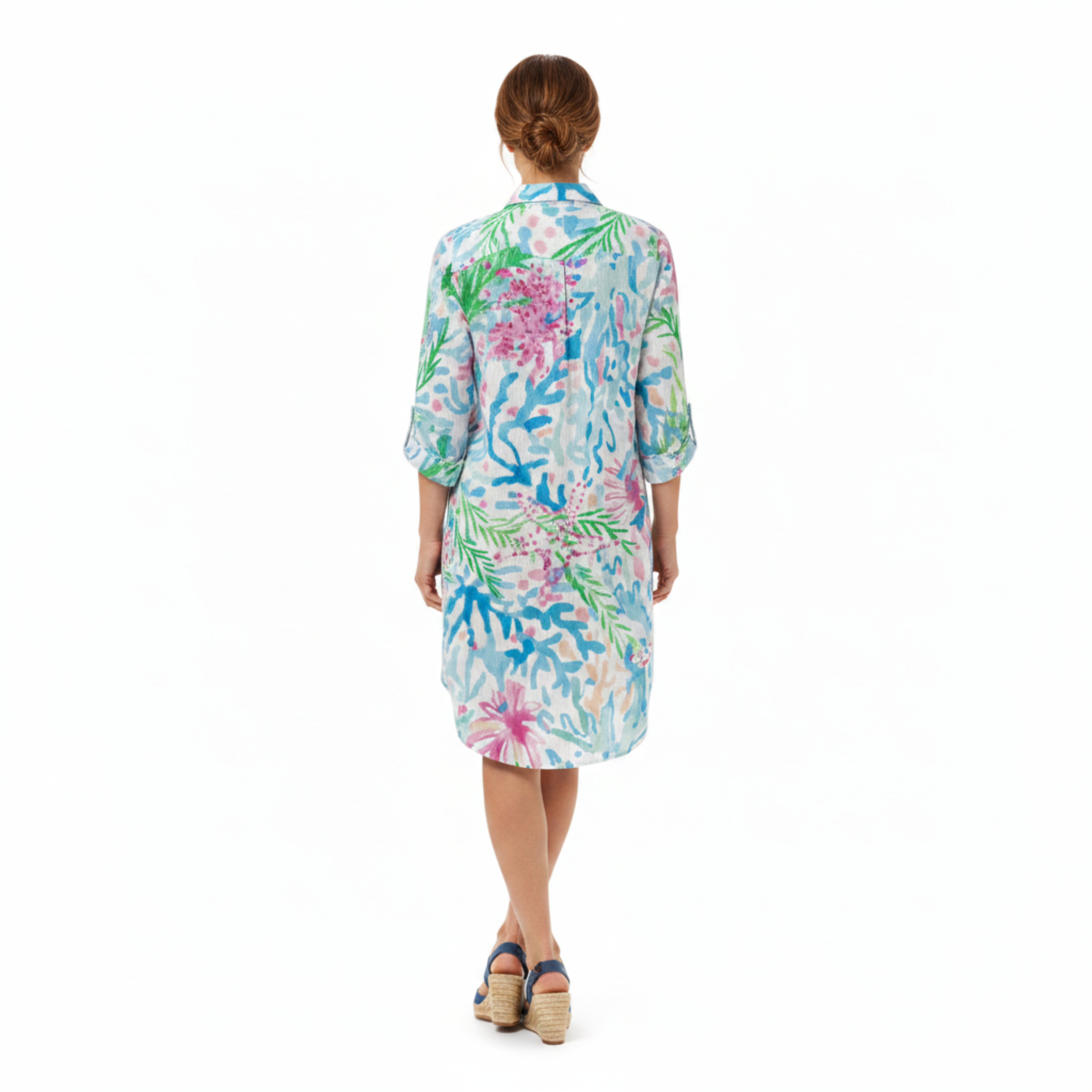 Tropical Print Shirt Dress Women's Beach Cover Up with 3/4 Roll-Tab Sleeves