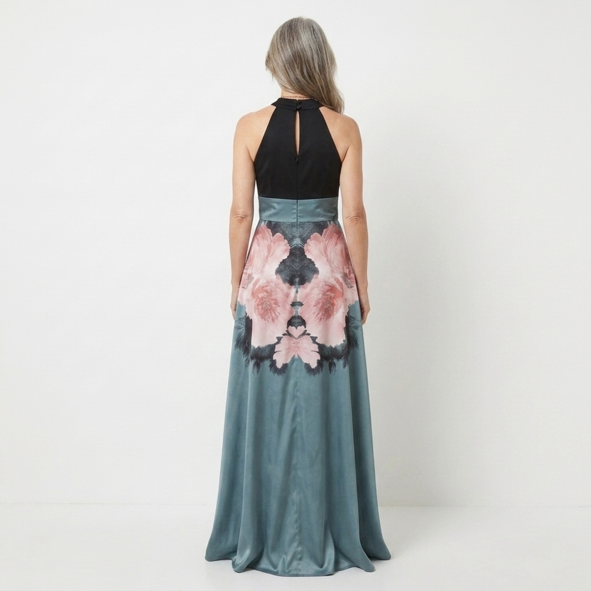 Women's Floral Maxi Dress Sleeveless High Neck Side Slit A-Line Formal Party Dress