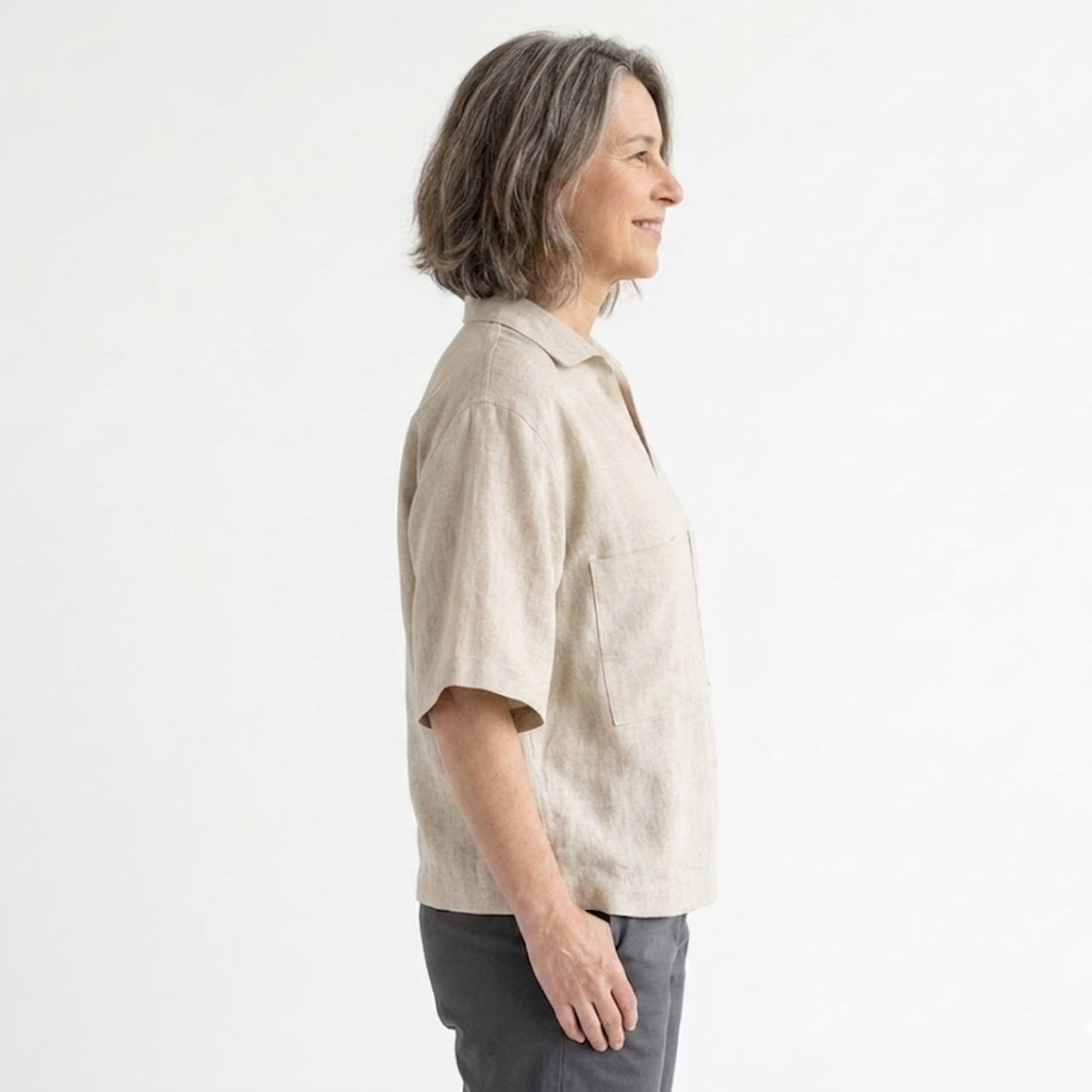 Women's pure linen polo top — relaxed oversized fit V-neck — beach vacation