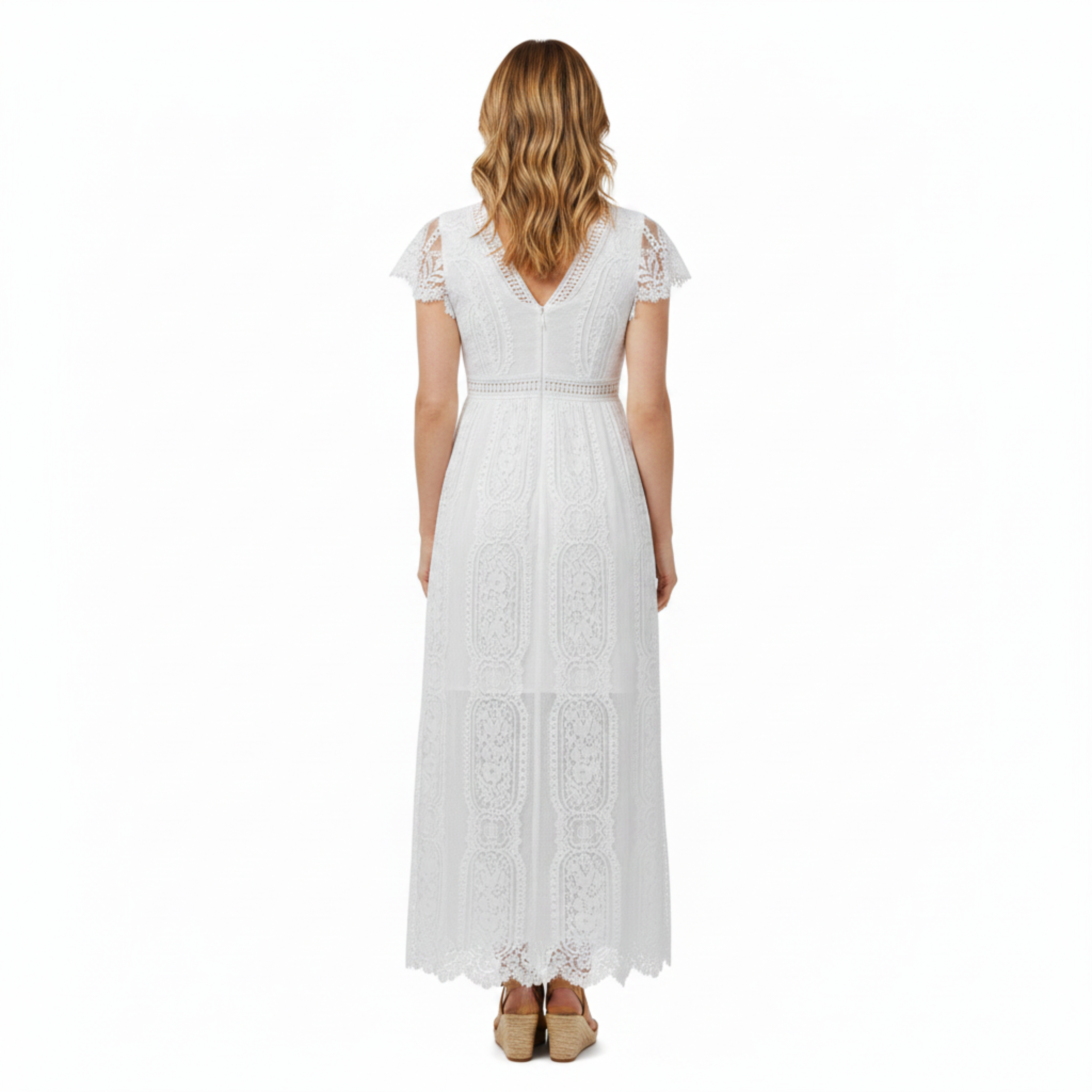 Women's Floral Lace Maxi Dress with Cap Sleeves and Scalloped Hem A-Line Fit