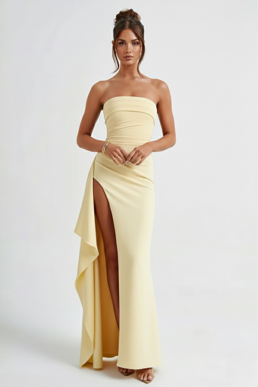 Women maxi dress - strapless ruched with thigh-high split | gala & formal