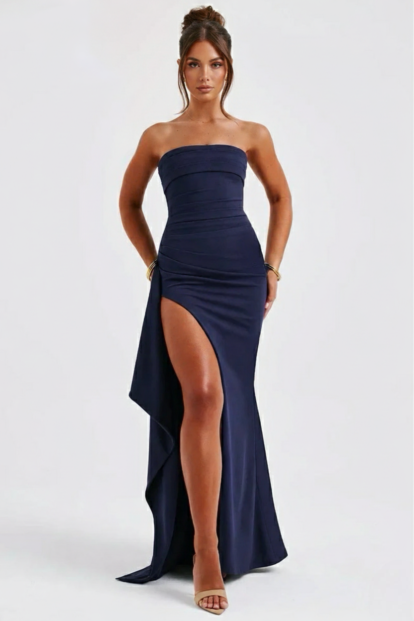 Women maxi dress - strapless ruched with thigh-high split | gala & formal