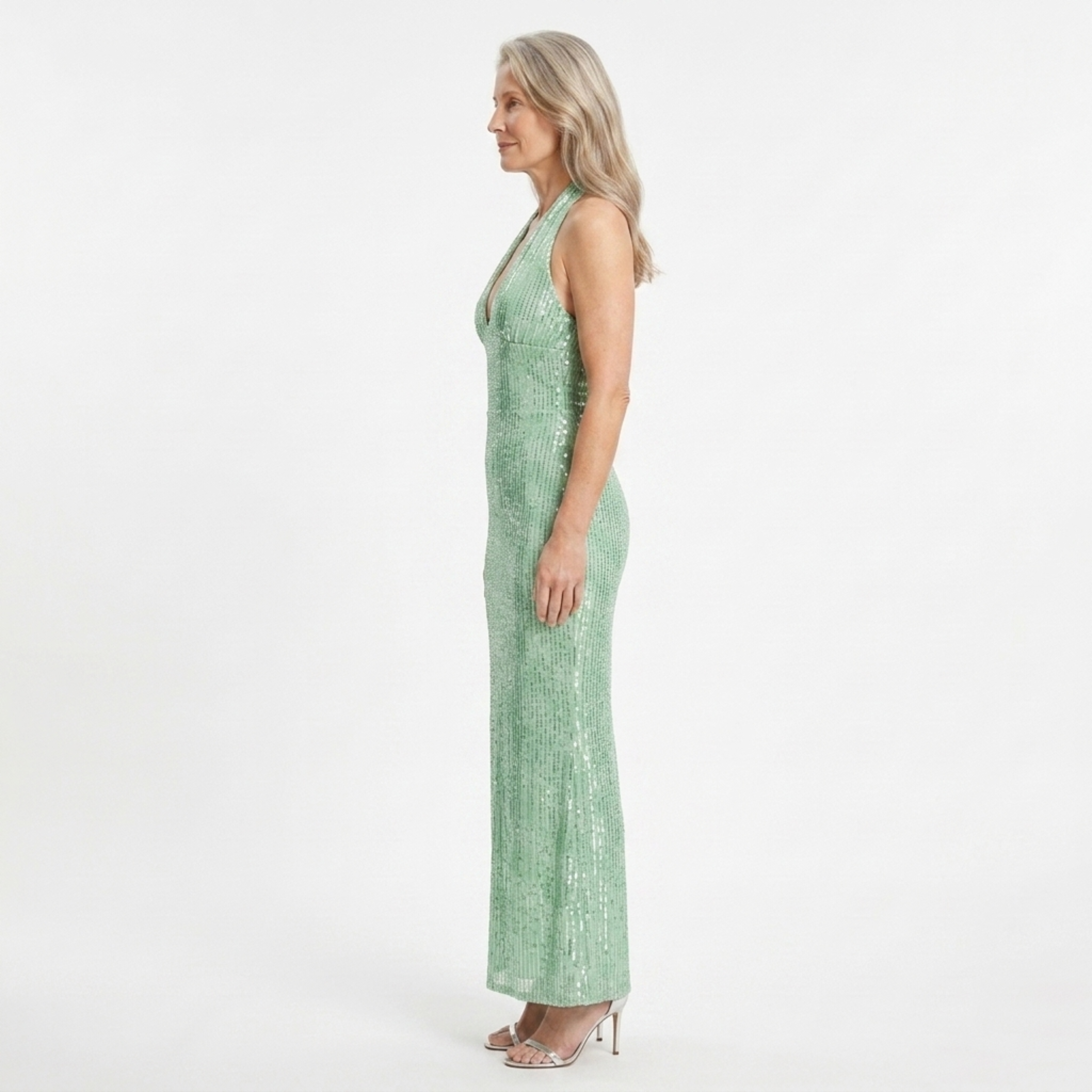 Women's Halter Neck Sequin Gown Deep V Open Back Mermaid Hem Formal Event Dress