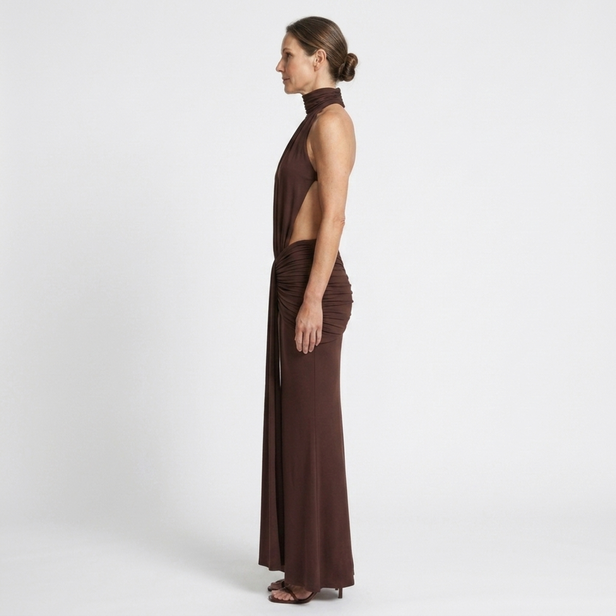 High Neck Backless Maxi Dress Ruched Waist Cut Out Sleeveless Wedding Guest Dress