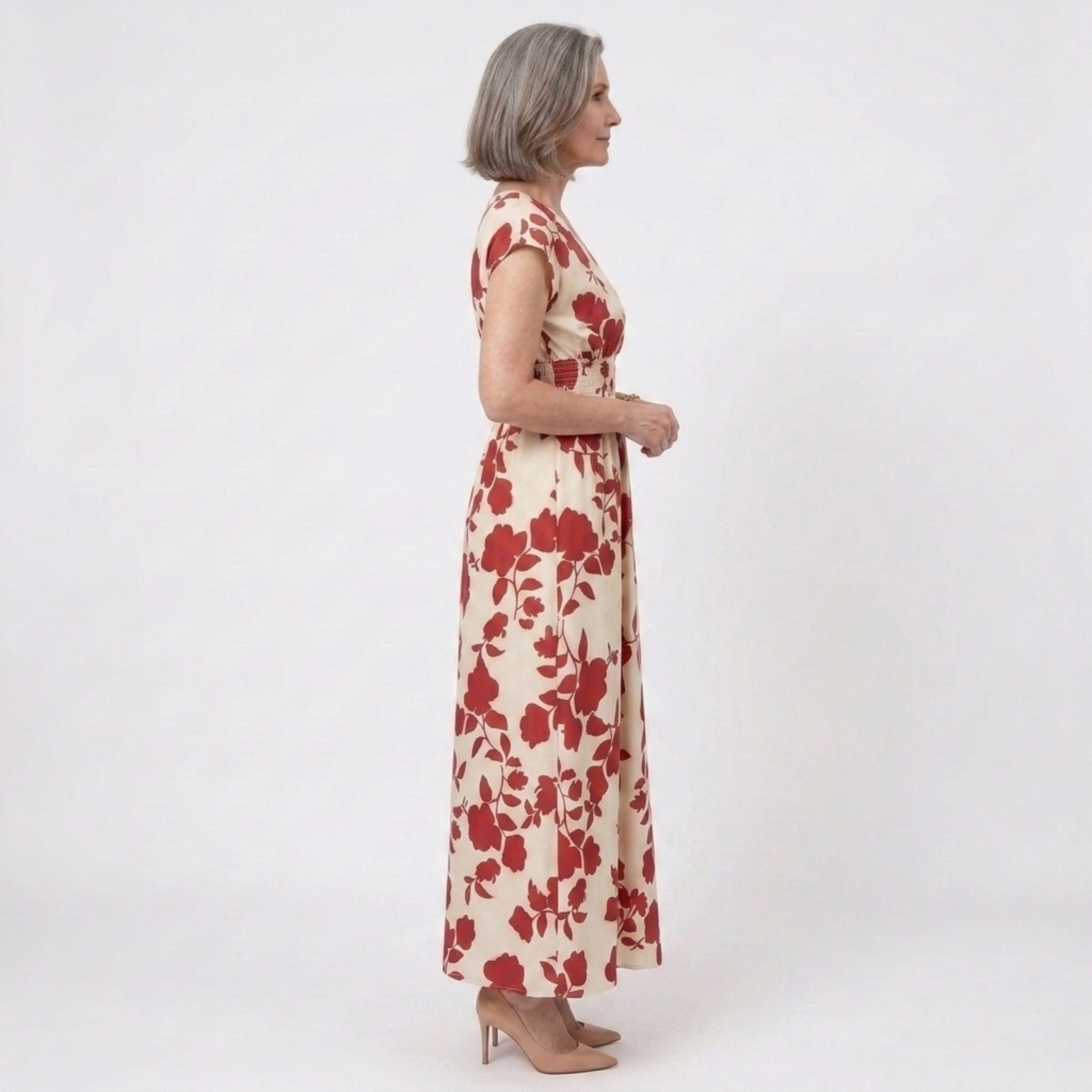 Women's Floral Maxi Dress V-Neck Cap Sleeve Smocked Waist A-Line Occasion Dress