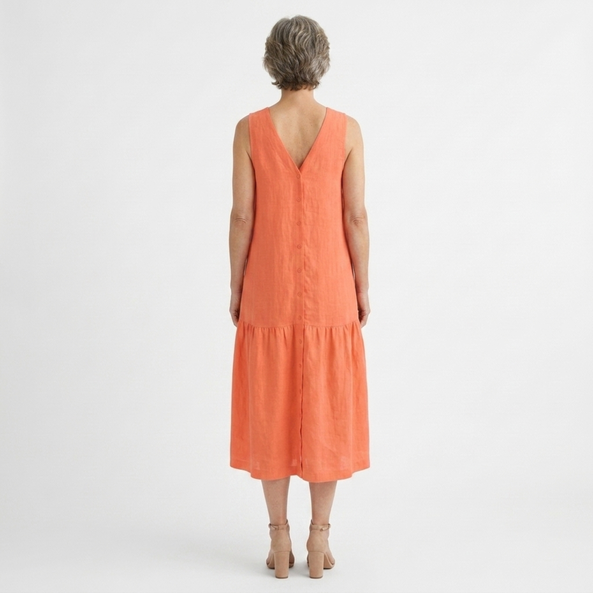 Women's V-Neck Linen Maxi Dress Button Up Sleeveless Tiered Hem Relaxed Fit Gown