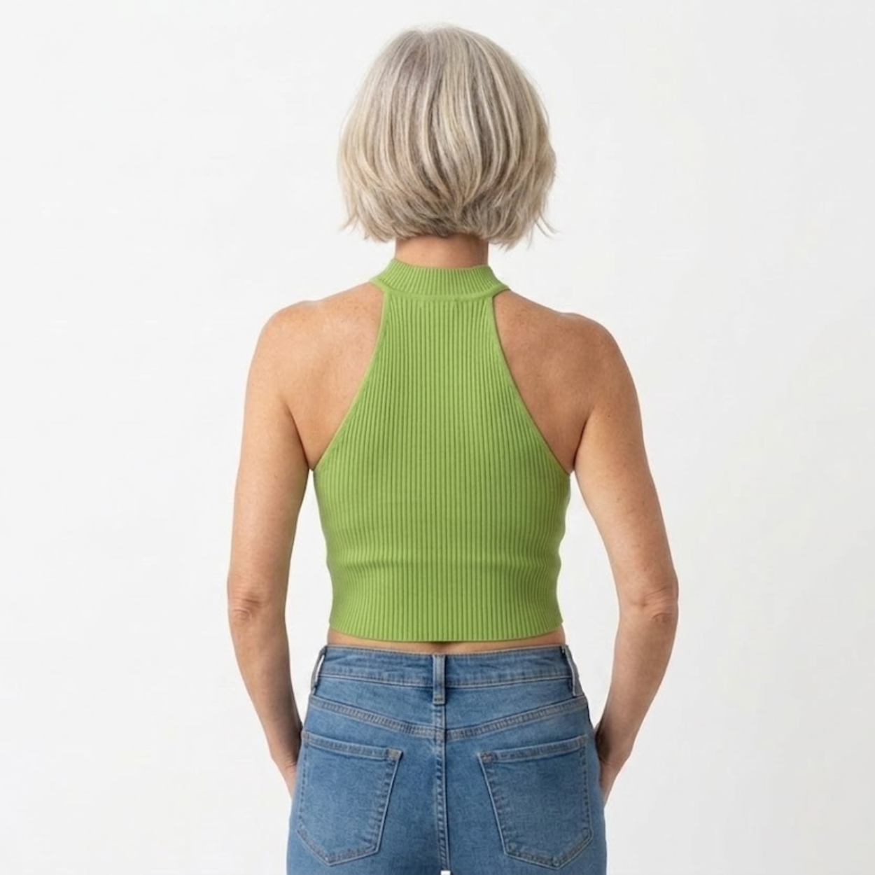 Ribbed crop top tank for women featuring mock neck and racerback cut