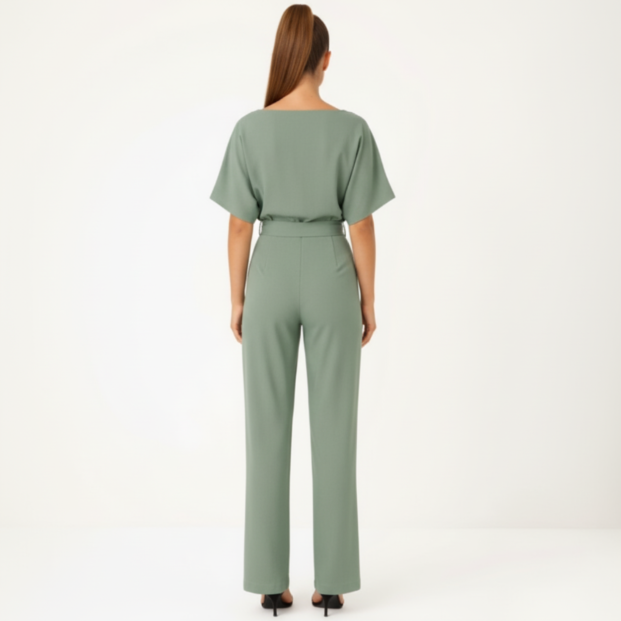 Wide Leg Jumpsuit for Women with Belted Waist and Short Kimono Sleeves
