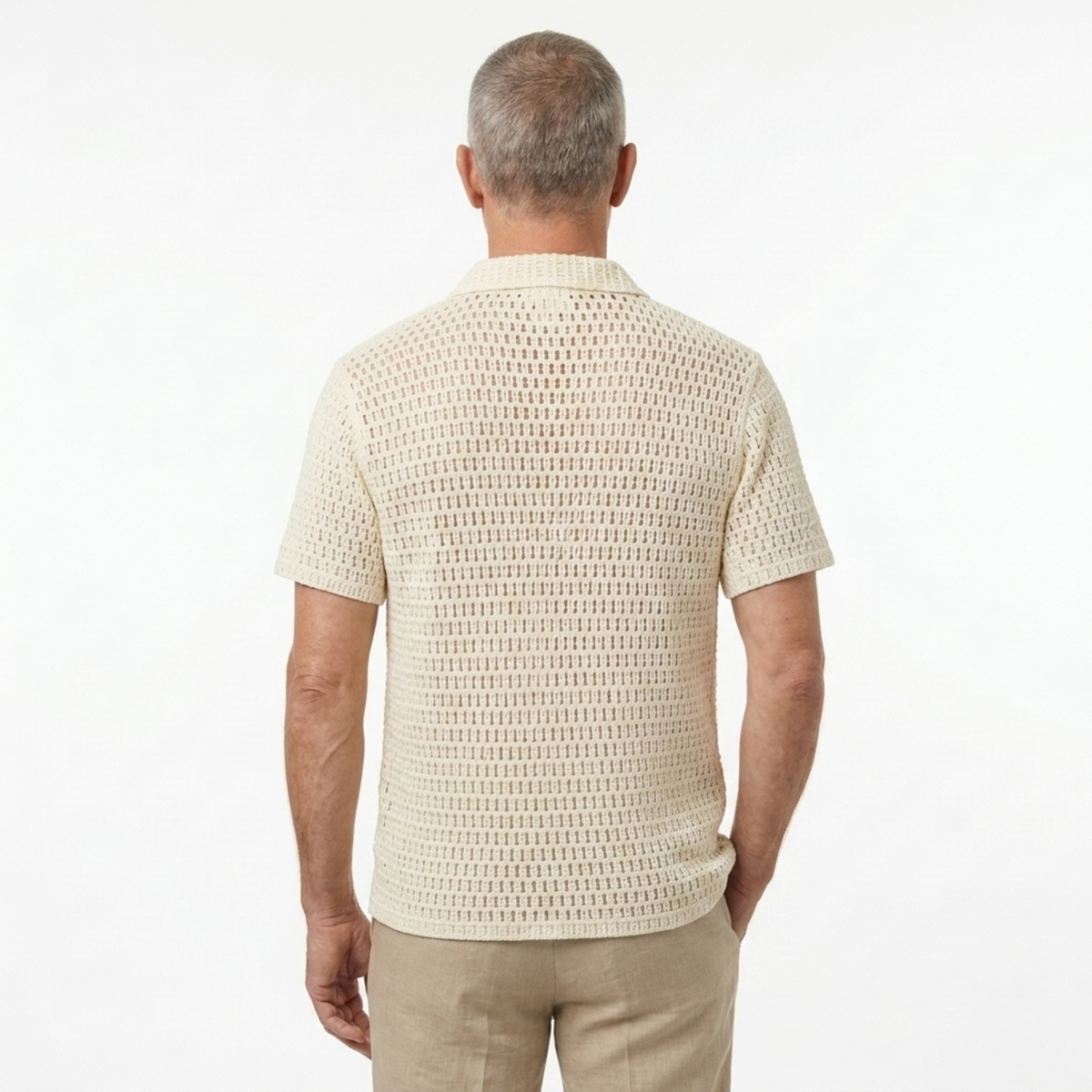 Crochet polo shirt for men — botanical embroidery — summer resort wear