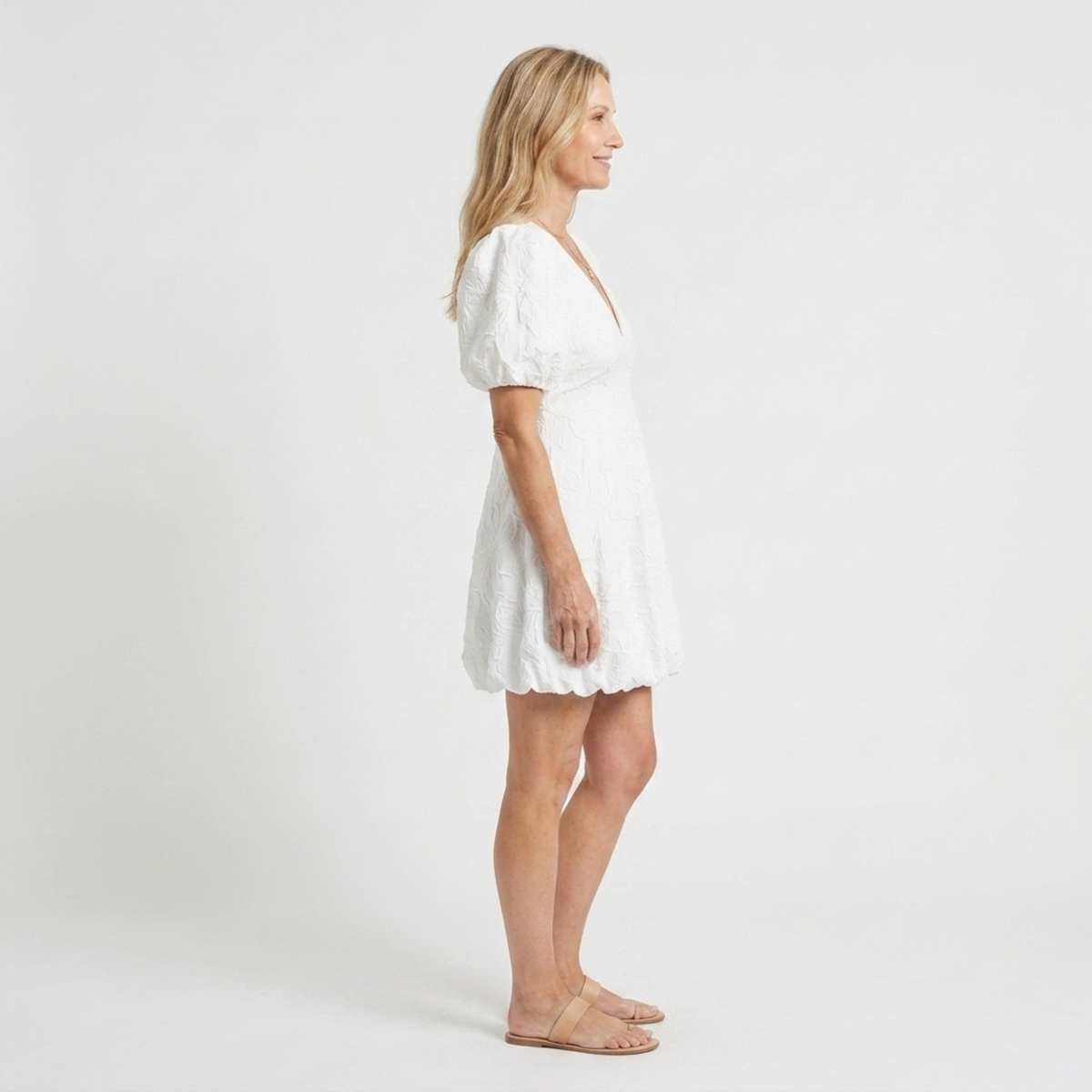 Women's Floral Embroidered Fit and Flare Dress Puff Sleeve V-Neck Scallop Hem Mini