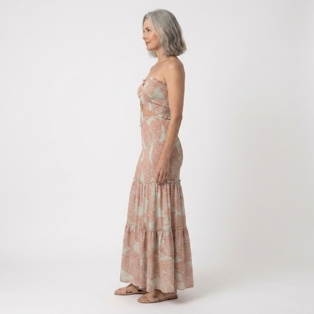 Women's Strapless Maxi Dress Tropical Leaf Print Ruched Waist Cut-Out Beach Dress