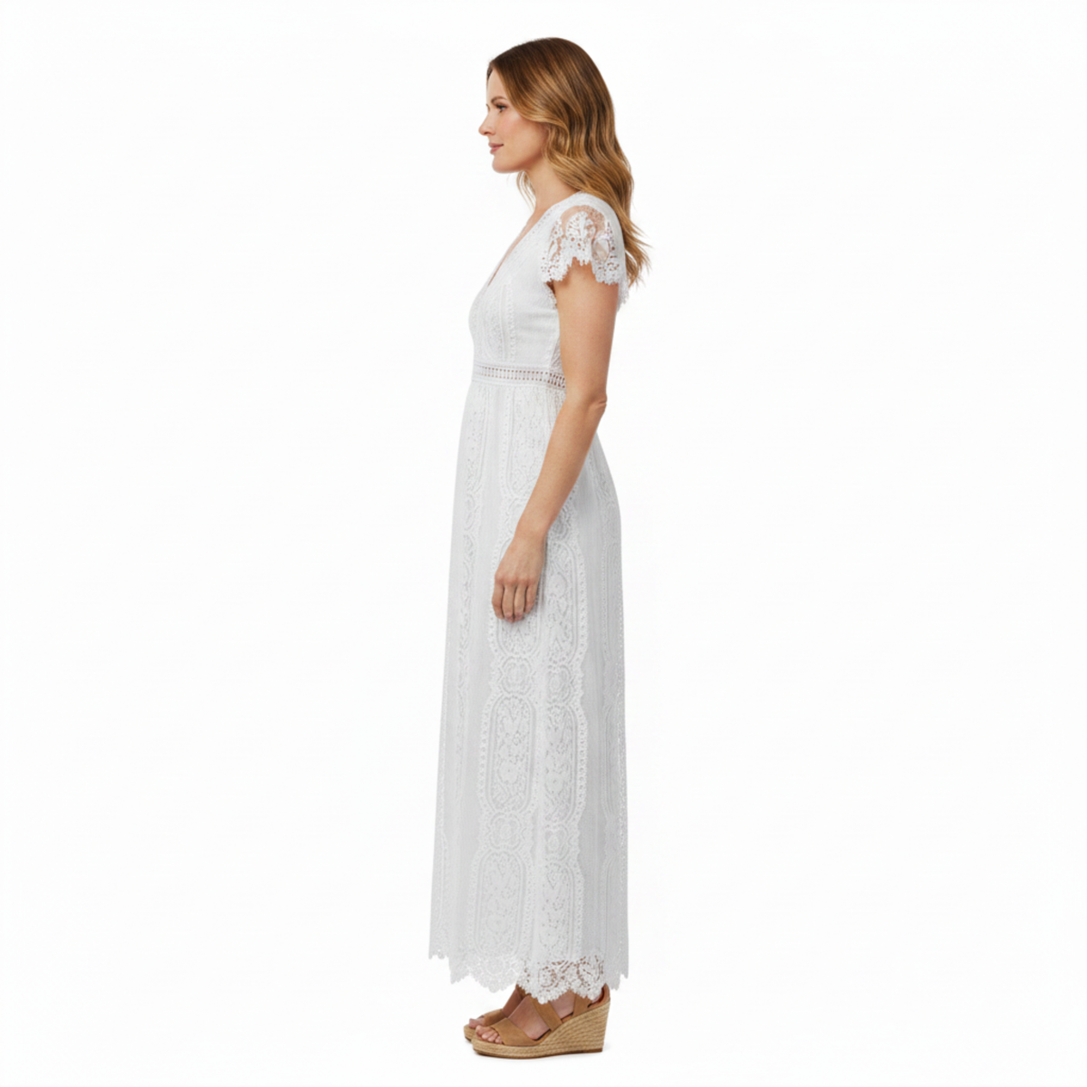 Women's Floral Lace Maxi Dress with Cap Sleeves and Scalloped Hem A-Line Fit