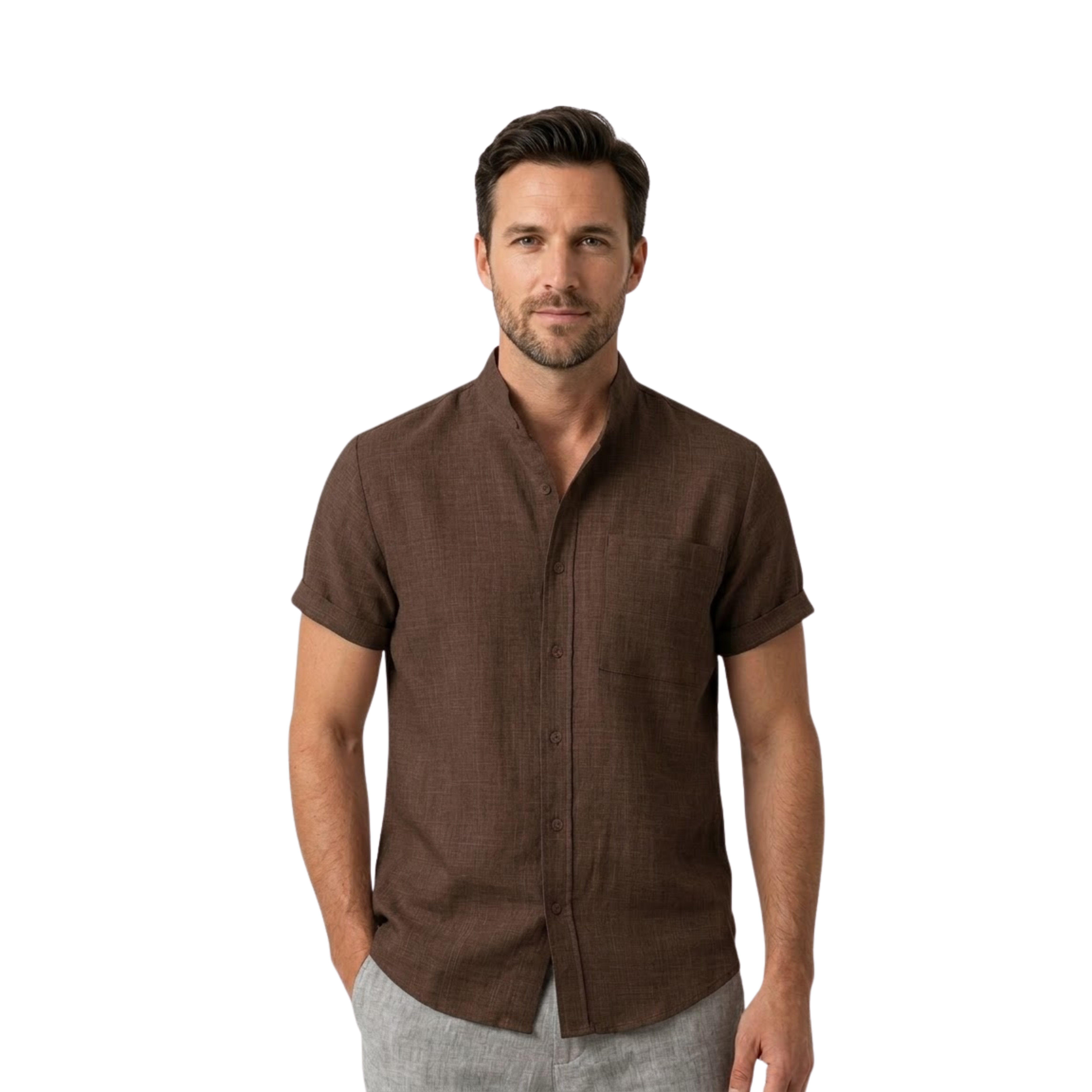 Men's Short Sleeve Cotton Linen Shirt Casual Loose Mandarin Collar Beach Top
