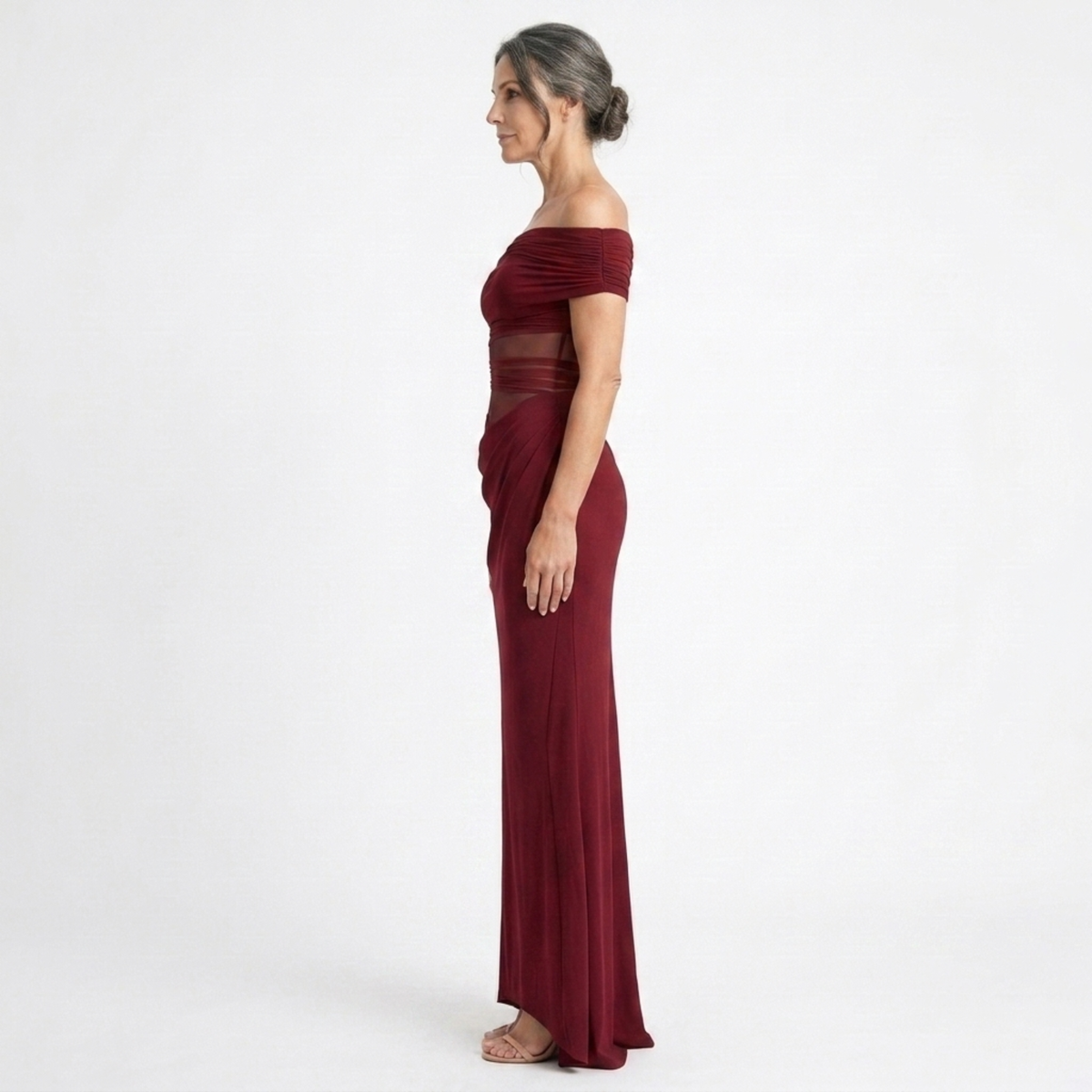 Women's Off Shoulder Ruched Mesh Maxi Dress Sleeveless Bodycon Wedding Guest Dress