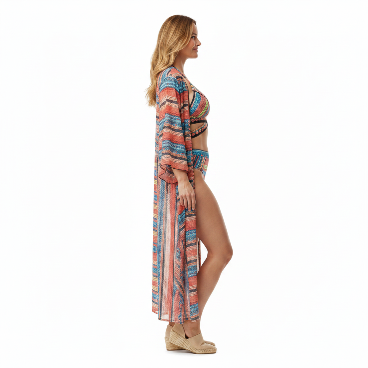 High Waist 3 Piece Bikini Set with Halter Triangle Top and Kimono Cover Up